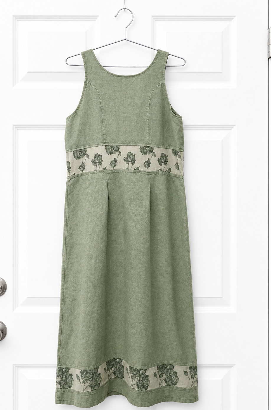 Aly Wear Linen Maxi Dress Large Sage Green Floral Lagenlook Sleeveless Made USA