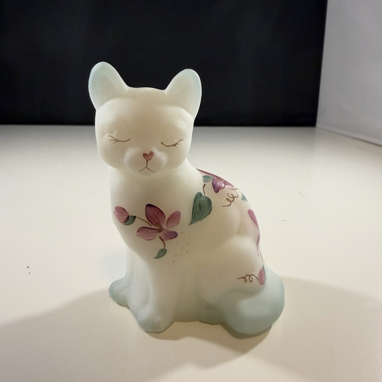 Vintage Fenton Glass White Opal Satin Glass Floral Sitting Cat Figure- Signed Vintage Fenton Glass White Opal Satin Glass Floral Sitting Cat Figure- Signed