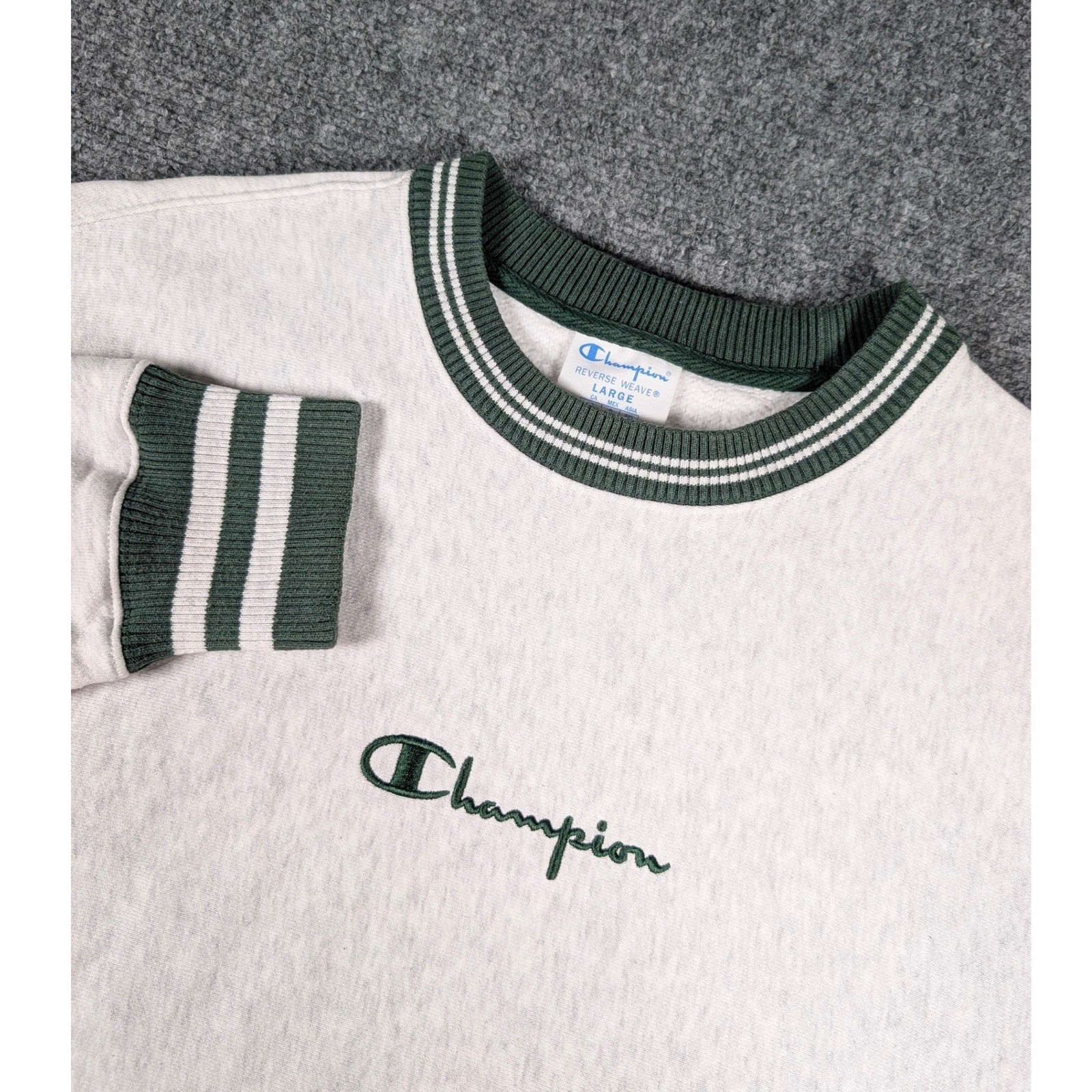 Vtg Champion Reverse Weave Sweatshirt Mens L Gray Green Striped Ribbed Trim Logo Vtg Champion Reverse Weave Sweatshirt Mens L Gray Green Striped Ribbed Trim Logo