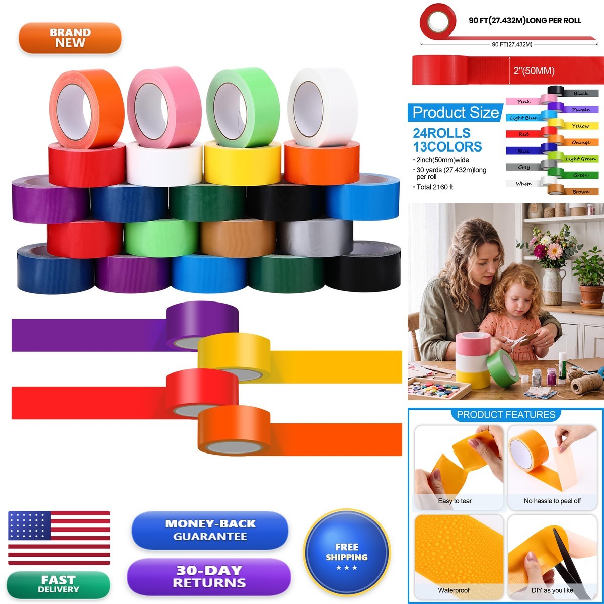 Fainne 24 Pack Colored Duct Tape Bulk, Colorful, 30 Yards X 2 Inches Fainne 24 Pack Colored Duct Tape Bulk, Colorful, 30 Yards X 2 Inches
