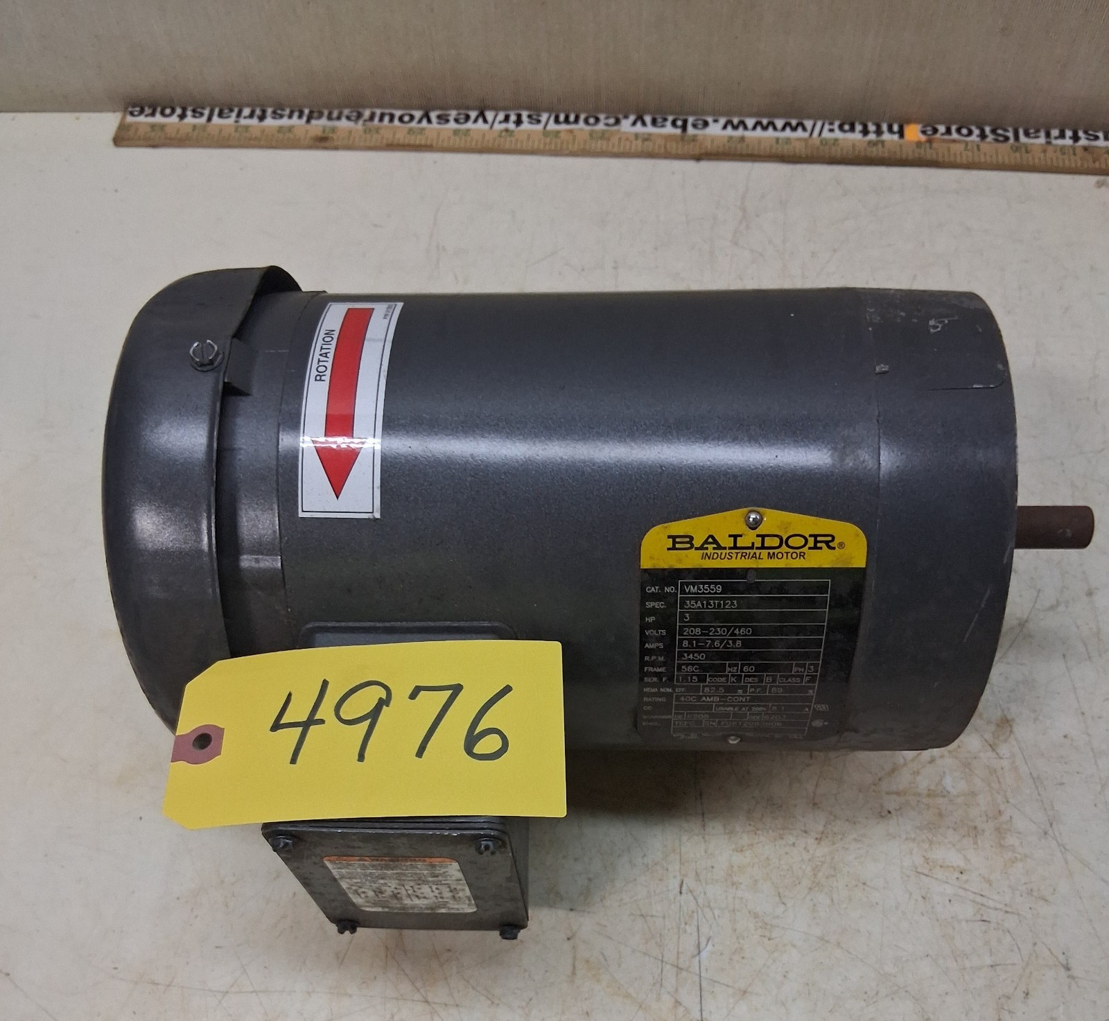 Electric Motor 3HP Baldor 208/30/460 3450rpm Volt, 3 PH , 56C FR, #VM3559, Pump Electric Motor 3HP Baldor 208/30/460 3450rpm Volt, 3 PH , 56C FR, #VM3559, Pump