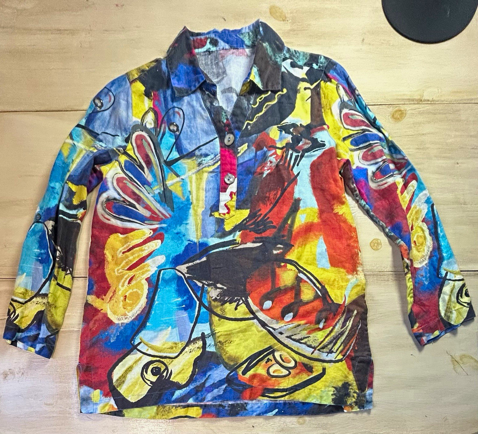 John Mark Linen Tunic Blouse Womens Small MultiColor Abstract Art To WearPopover