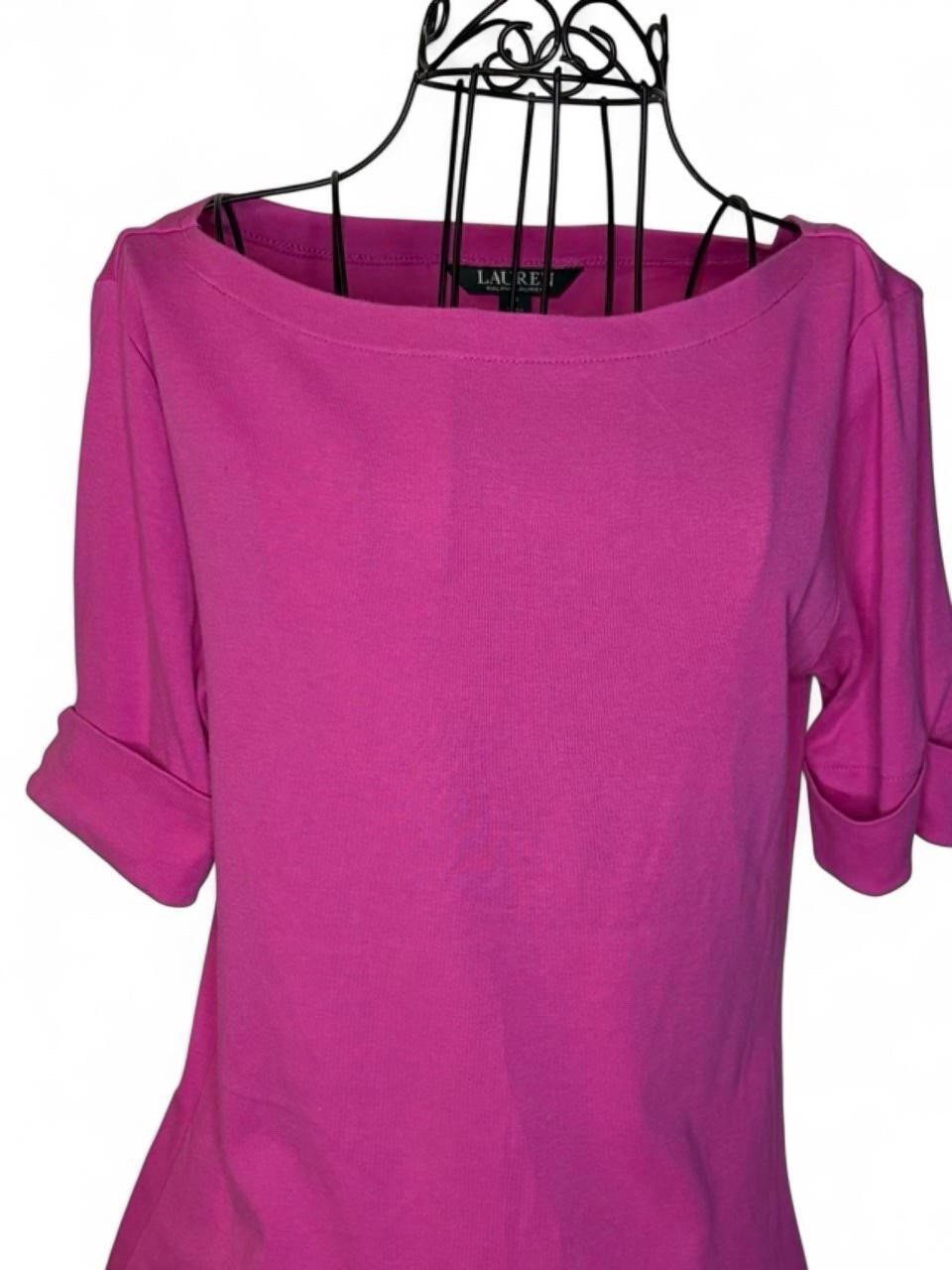 Lauren Ralph Lauren Hot Pink Boat Neck Top Cuffed Short Sleeve Basic Tee Size S