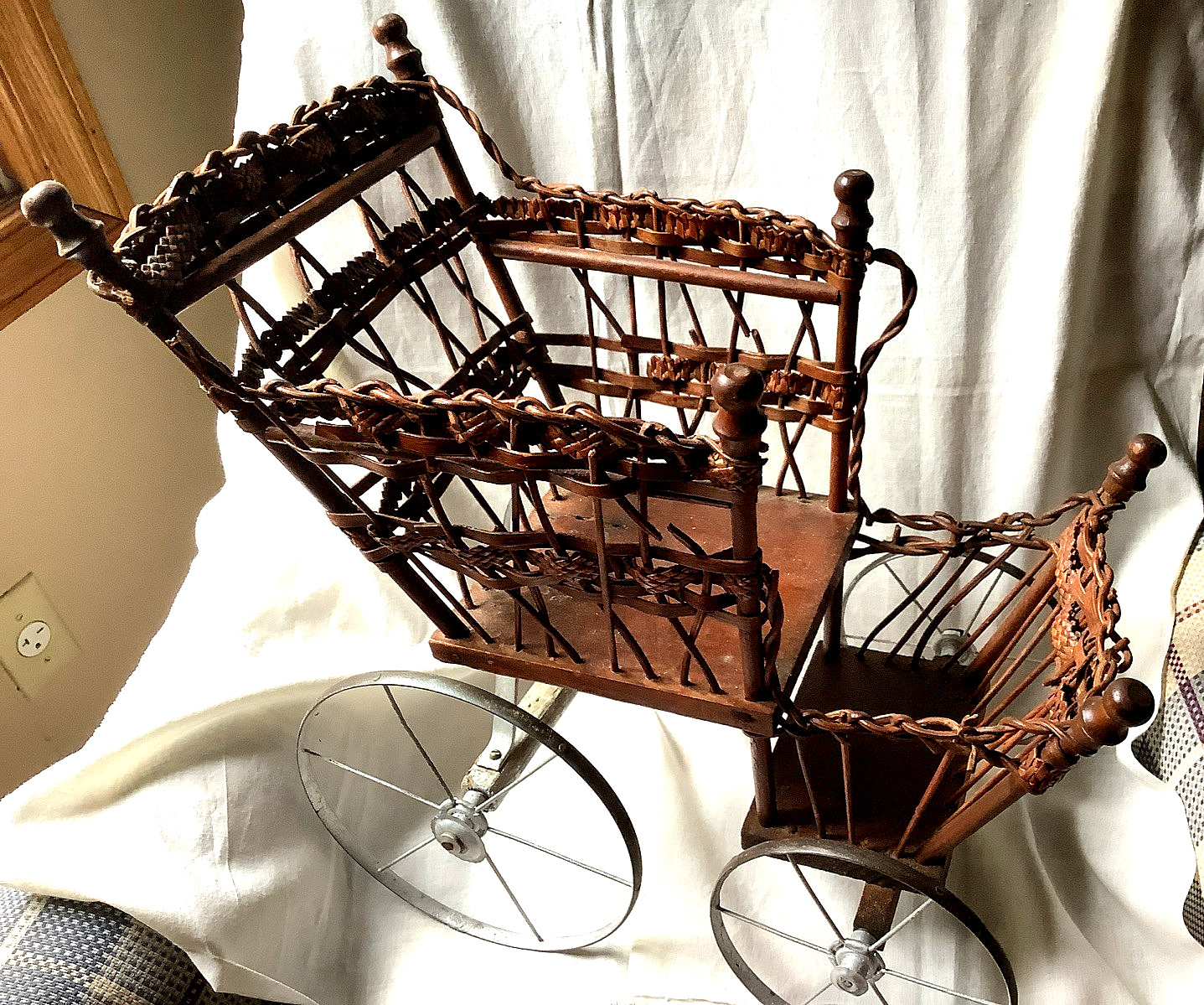 Rare Antique Wicker Rattam Doll Carriage Buggy Chair Early 1900’s Metal Wheels Rare Antique Wicker Rattam Doll Carriage Buggy Chair Early 1900’s Metal Wheels