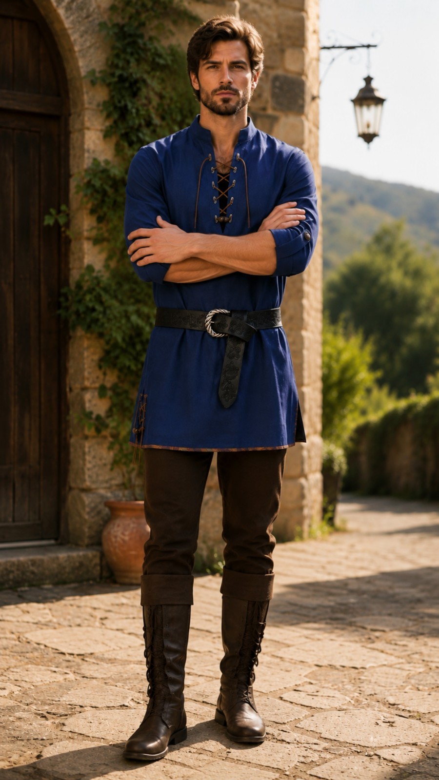 Men\'s Medieval Tunic Shirt Lace Up Long Sleeve Renaissance Costume Top Belt