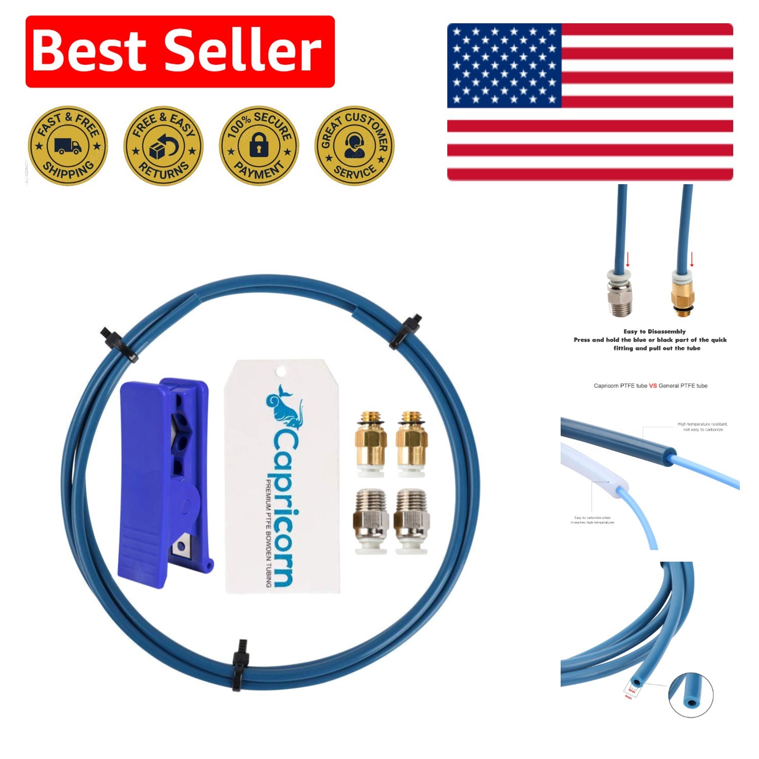 Capricorn Bowden PTFE Tubing 1M XS Series 1.75MM Filament with 2X PC4-M6 & 2X... Capricorn Bowden PTFE Tubing 1M XS Series 1.75MM Filament with 2X PC4-M6 & 2X...
