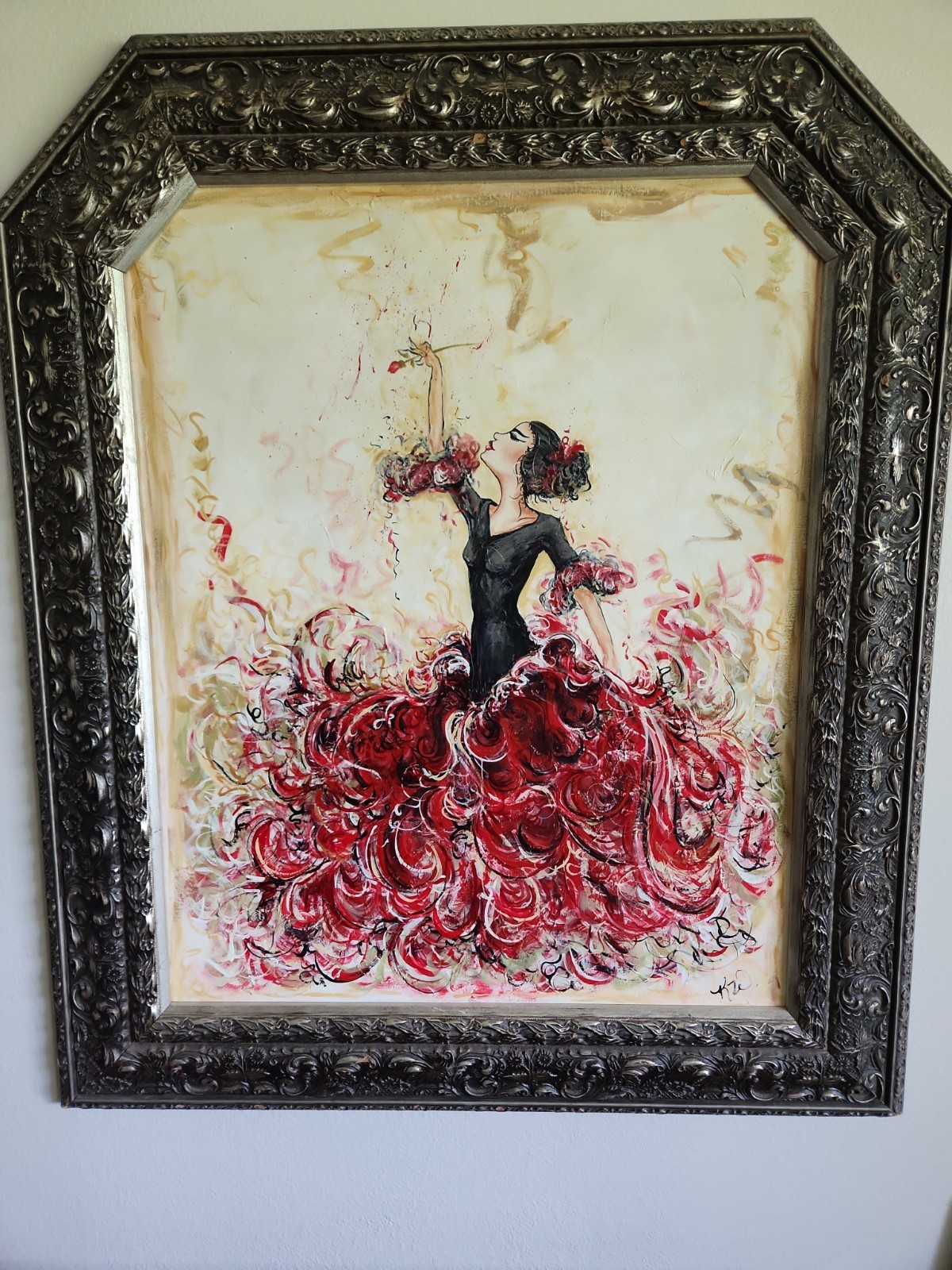 Vintage Spanish Flamenco Dancer Large Framed Oil Painting By KW 32\