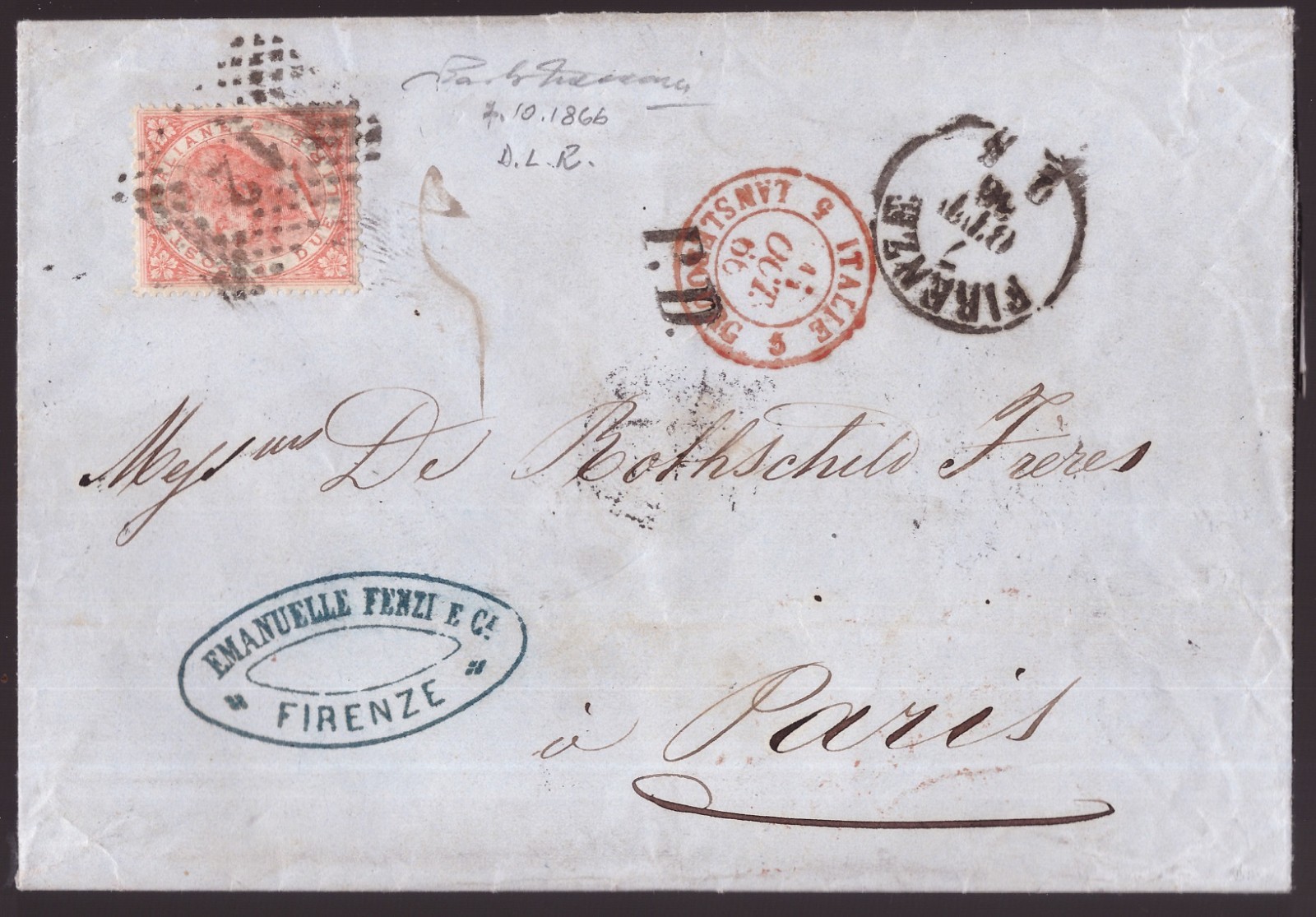 Italy Kingdom, 2 lire DLR isolated on letter to France from Florence 1866 -HX00