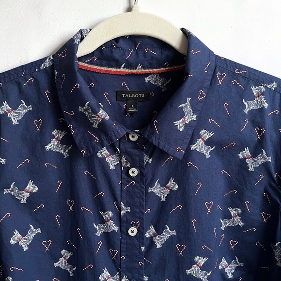 Talbots Button Up Shirt Women\'s Large Westie Dogs Candy Canes Navy Blue Festive