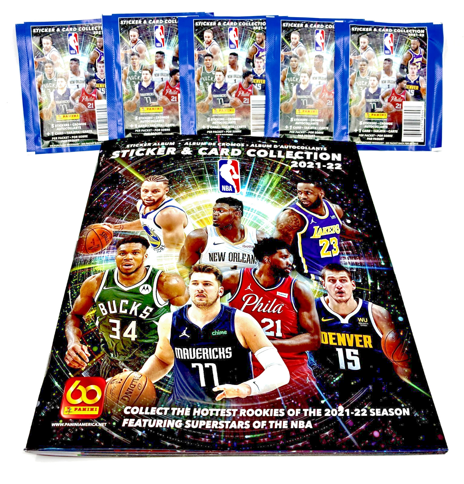 2021-2022 Panini NBA Sticker & Card Album + (5) Factory Sealed Packs