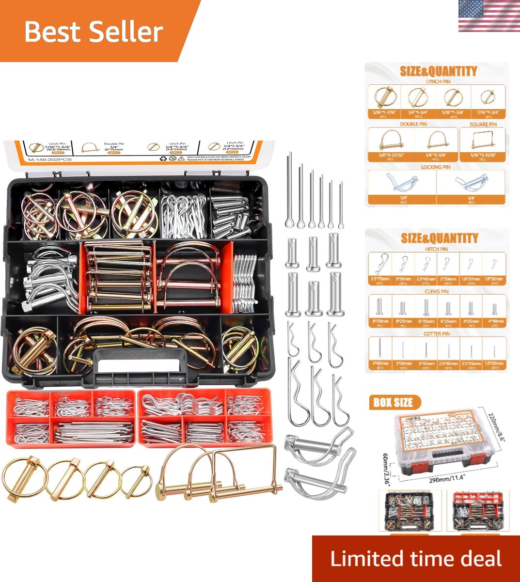 270PCS Heavy Duty Hitch Pins Clip Pins 3 Point Assortment Kit Tractor Pins Li... 270PCS Heavy Duty Hitch Pins Clip Pins 3 Point Assortment Kit Tractor Pins Li...