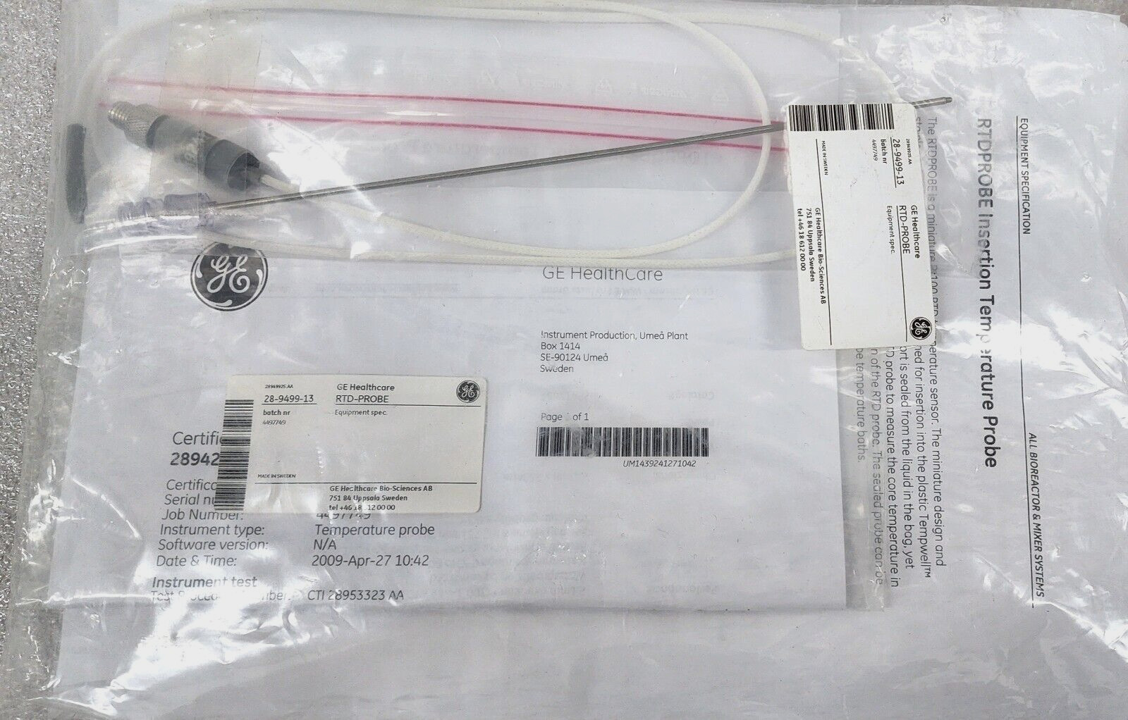 Cytiva/GE Resistance Temperature Detector PROBE RTD 28-9499-13 Cytiva/GE Resistance Temperature Detector PROBE RTD 28-9499-13