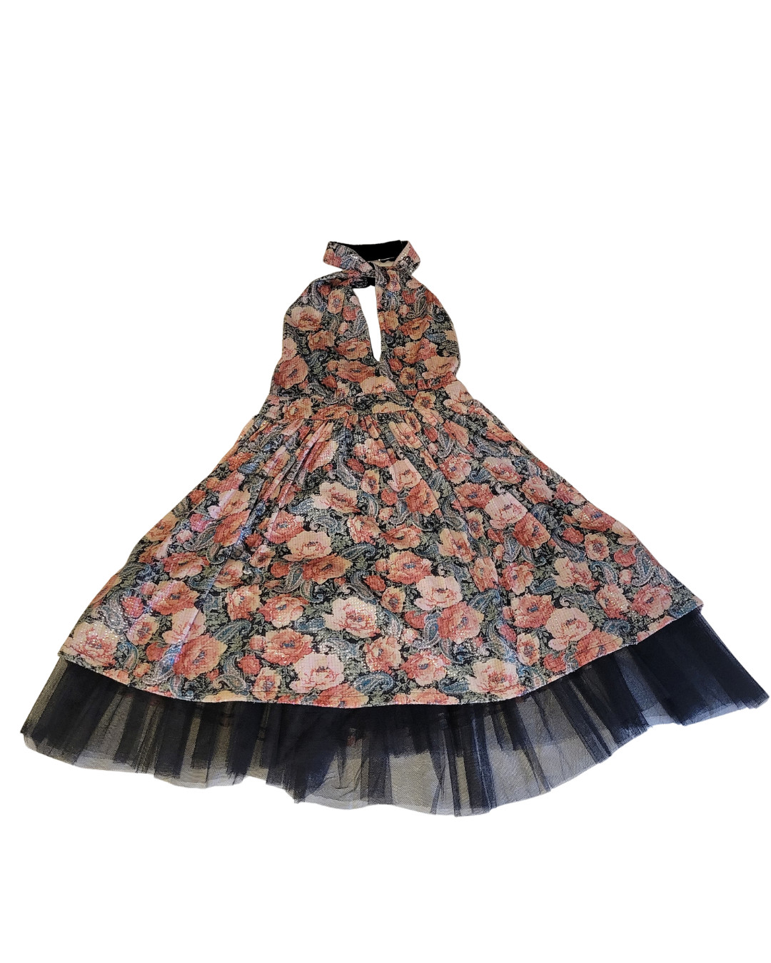 Vintage 1970s Brocade Halter Circle Dress with Tulle Hem | Small