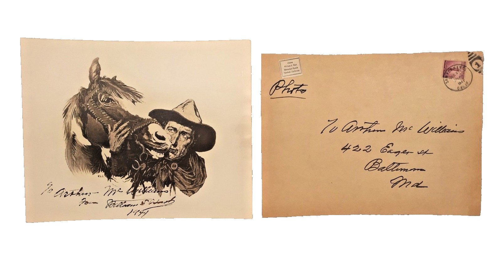 Vintage William S Hart Cowboy Print with Autograph Original Mailing Envelope