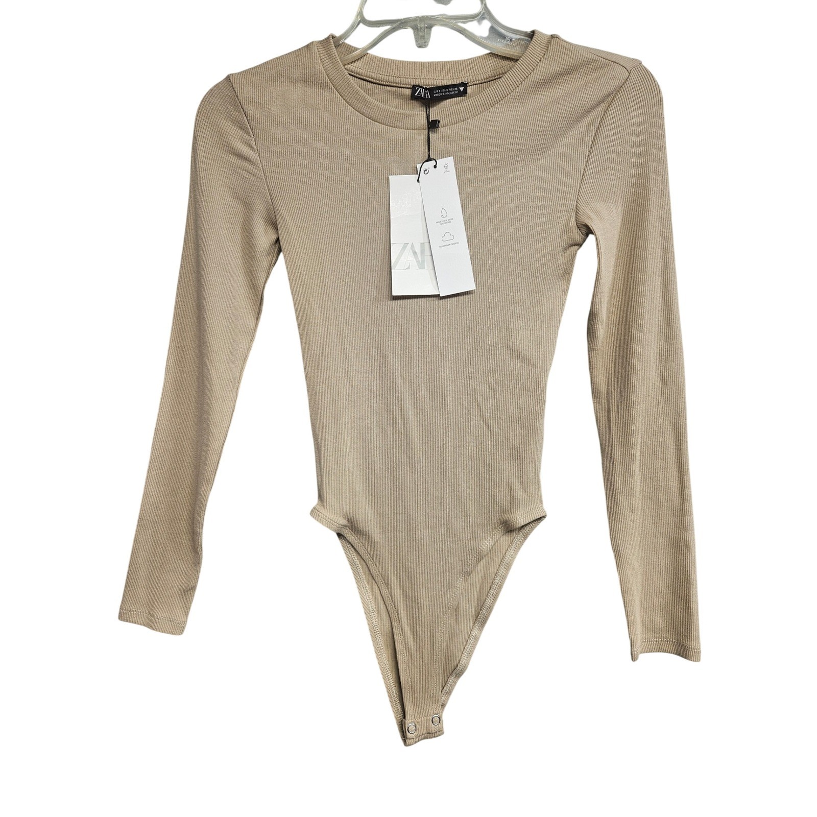Zara Ribbed Long Sleeve Bodysuit Tan Beige Crew Neck Snap Gusset Small NEW