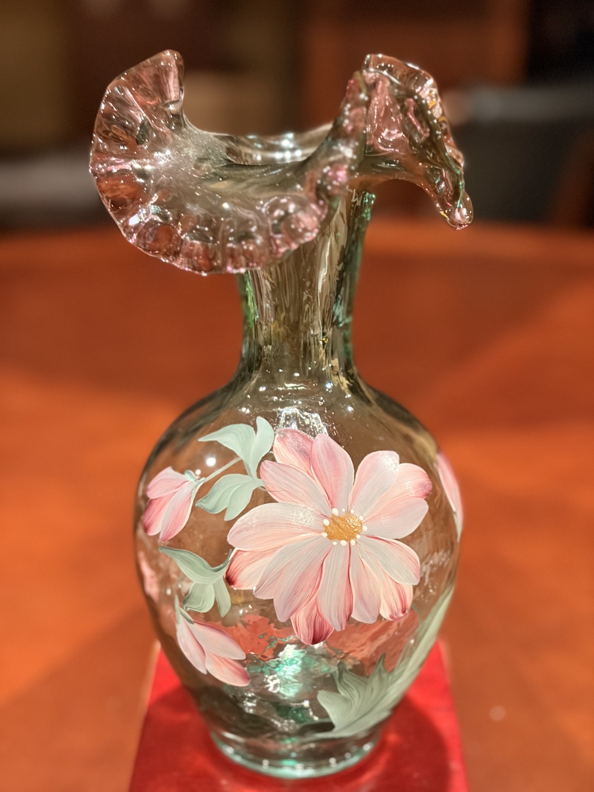 Fenton Rubina Verde Glass Ruffled Vase Hand Painted Clematis Signed 1995 9.75\ Fenton Rubina Verde Glass Ruffled Vase Hand Painted Clematis Signed 1995 9.75\