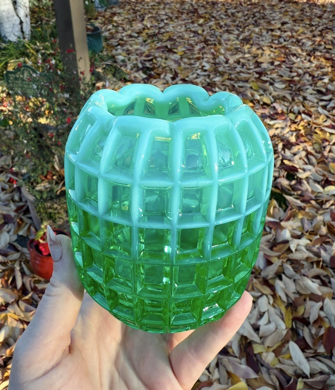 Vintage Fenton Rare Green Opalescent Glass Waffle Vase Glows Vintage Fenton Rare Green Opalescent Glass Waffle Vase Glows