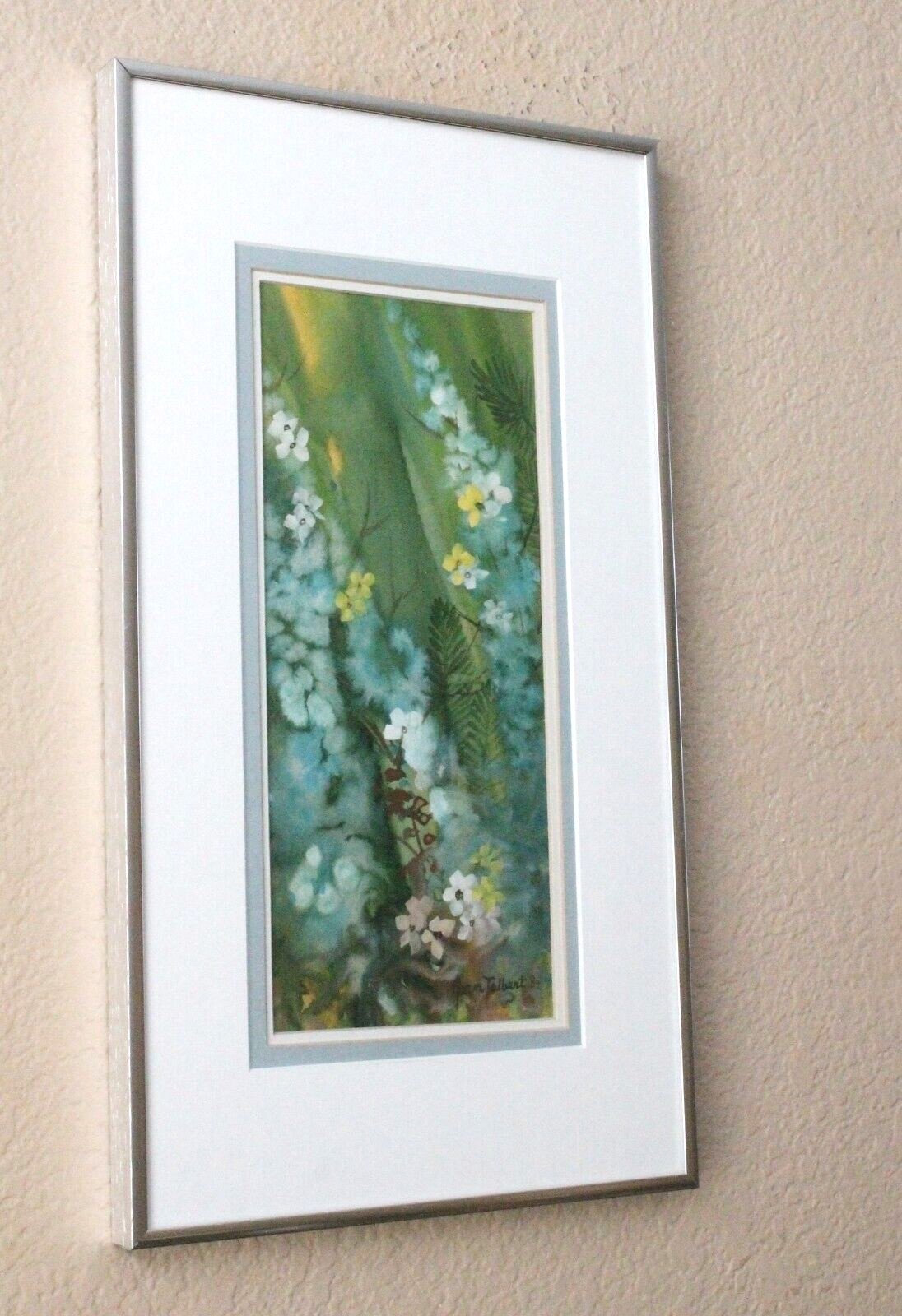 SUPERB ORIG. GREEN WATERCOLOR FLOWERS PAINTING 80\'S FLORAL WALL ART VTG MCM
