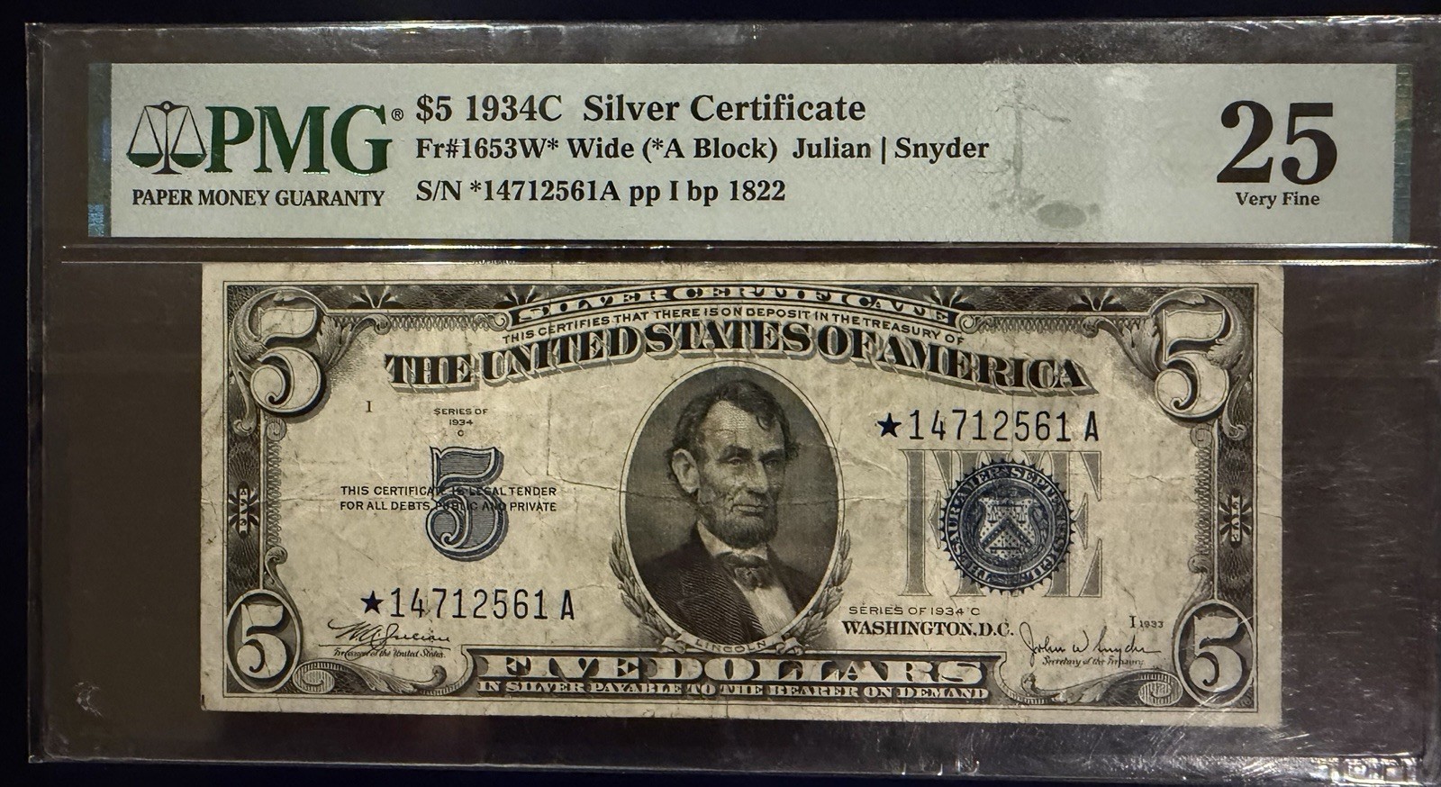 PMG 1934 $5 Silver Certificate Star Note Grade 25 Circulated 2199638-021 PMG 1934 $5 Silver Certificate Star Note Grade 25 Circulated 2199638-021