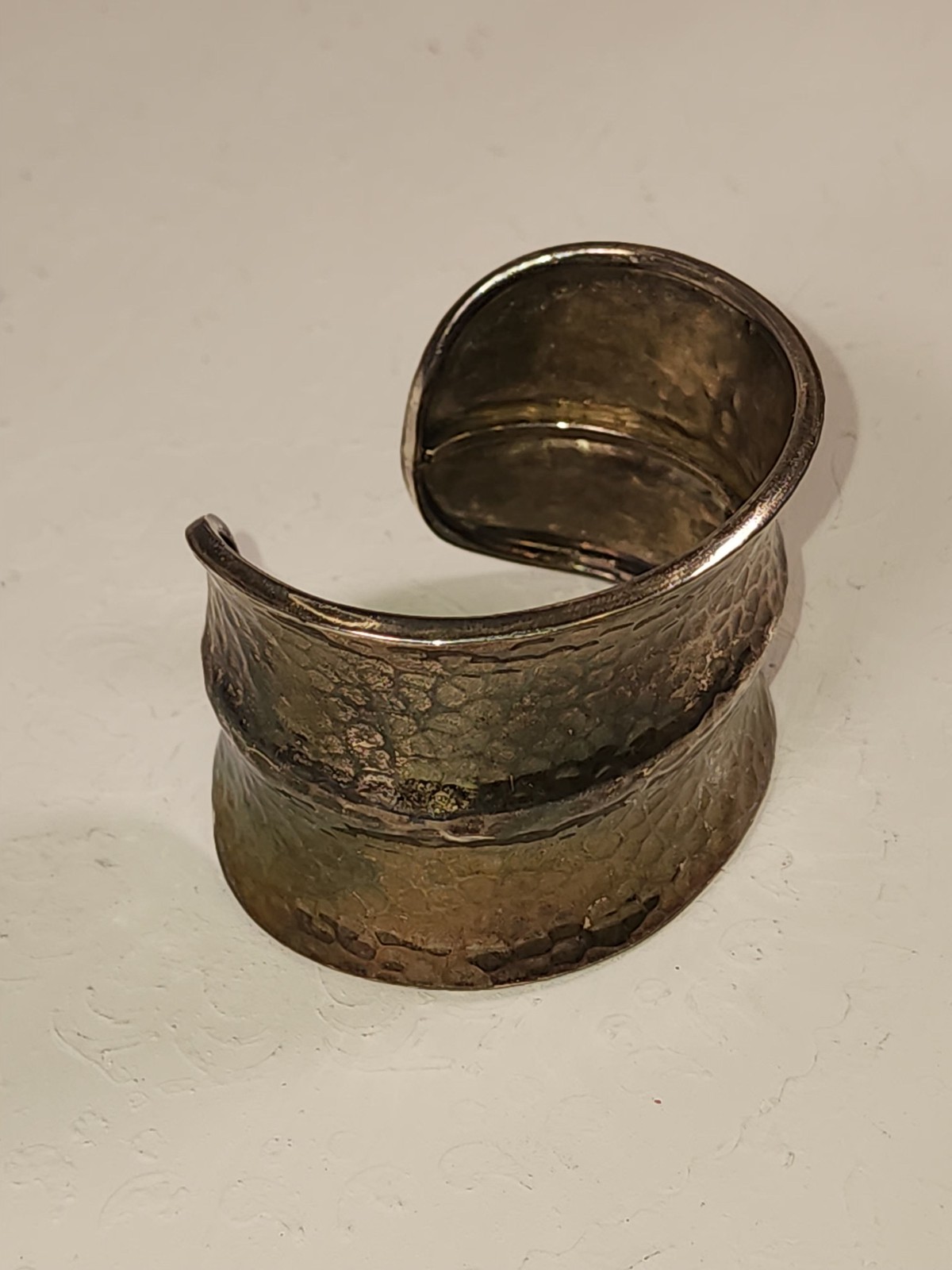 Vintage Hammered Wide Cuff Bracelet Statement Chunky Modernist Silver Tone 75g