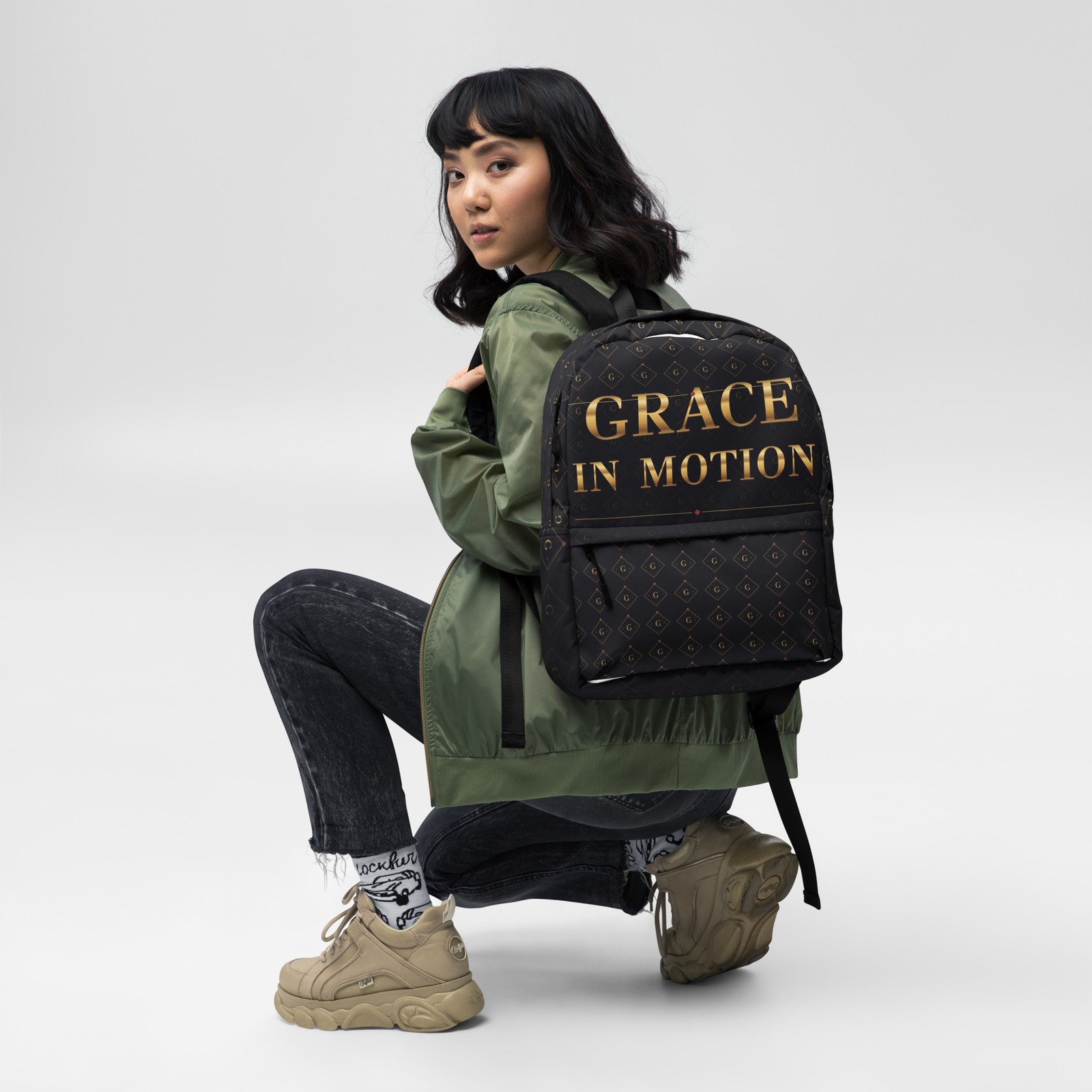 Grace in Motion Backpack Black Gold All Over Print Unisex Laptop Travel Bag Grace in Motion Backpack Black Gold All Over Print Unisex Laptop Travel Bag