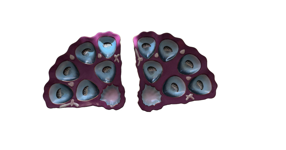 PR OF FRENCH LIMOGES PORCELAIN OYSTER PLATES | HAND-PAINTED RASPBERRY & TURQ.