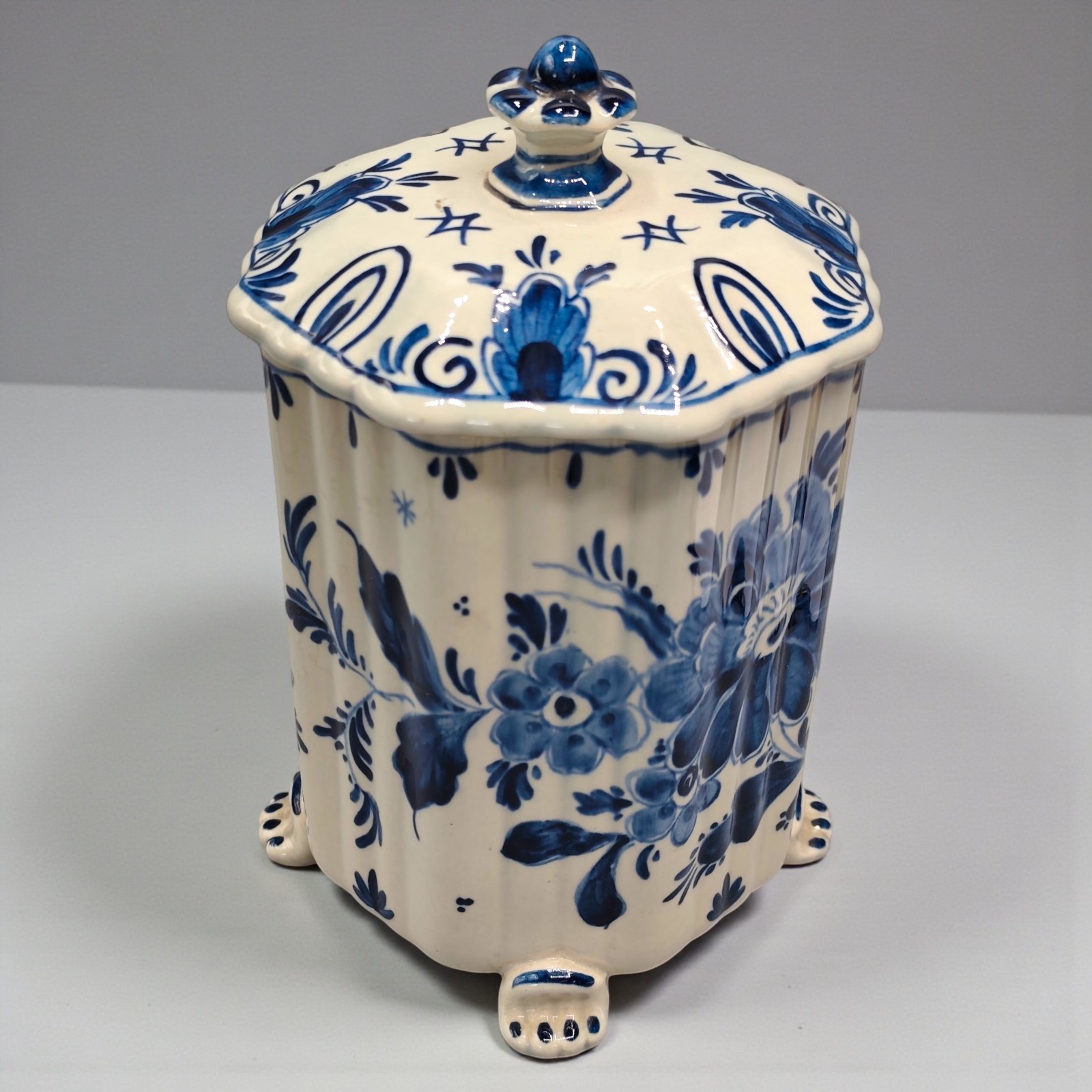 Royal Delft Blue & White Lidded Jar on Feet, Dutch Faience, Floral Decor