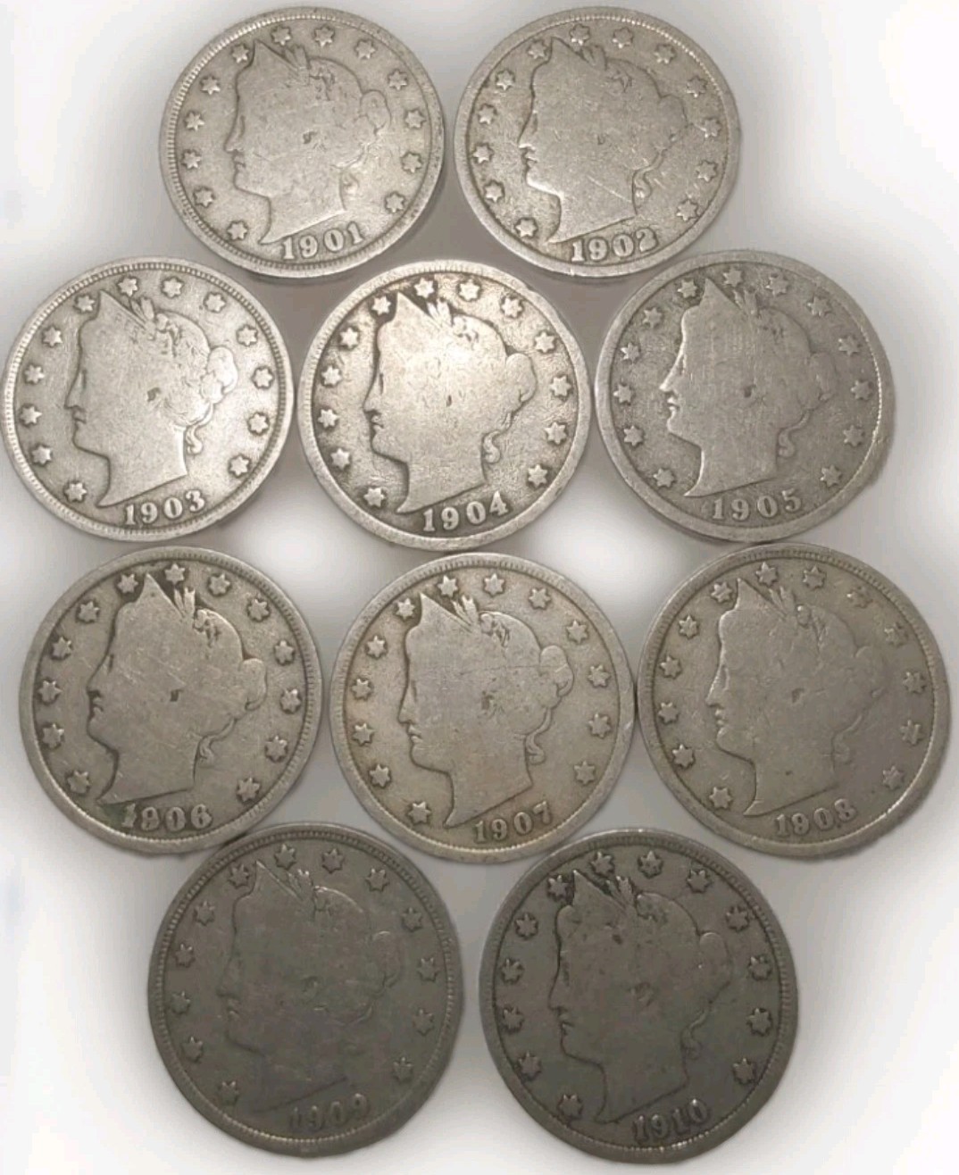 Ten Liberty Head V Nickels US 5C 1901 to 1910 Circulated Good+ FreePostTracking 