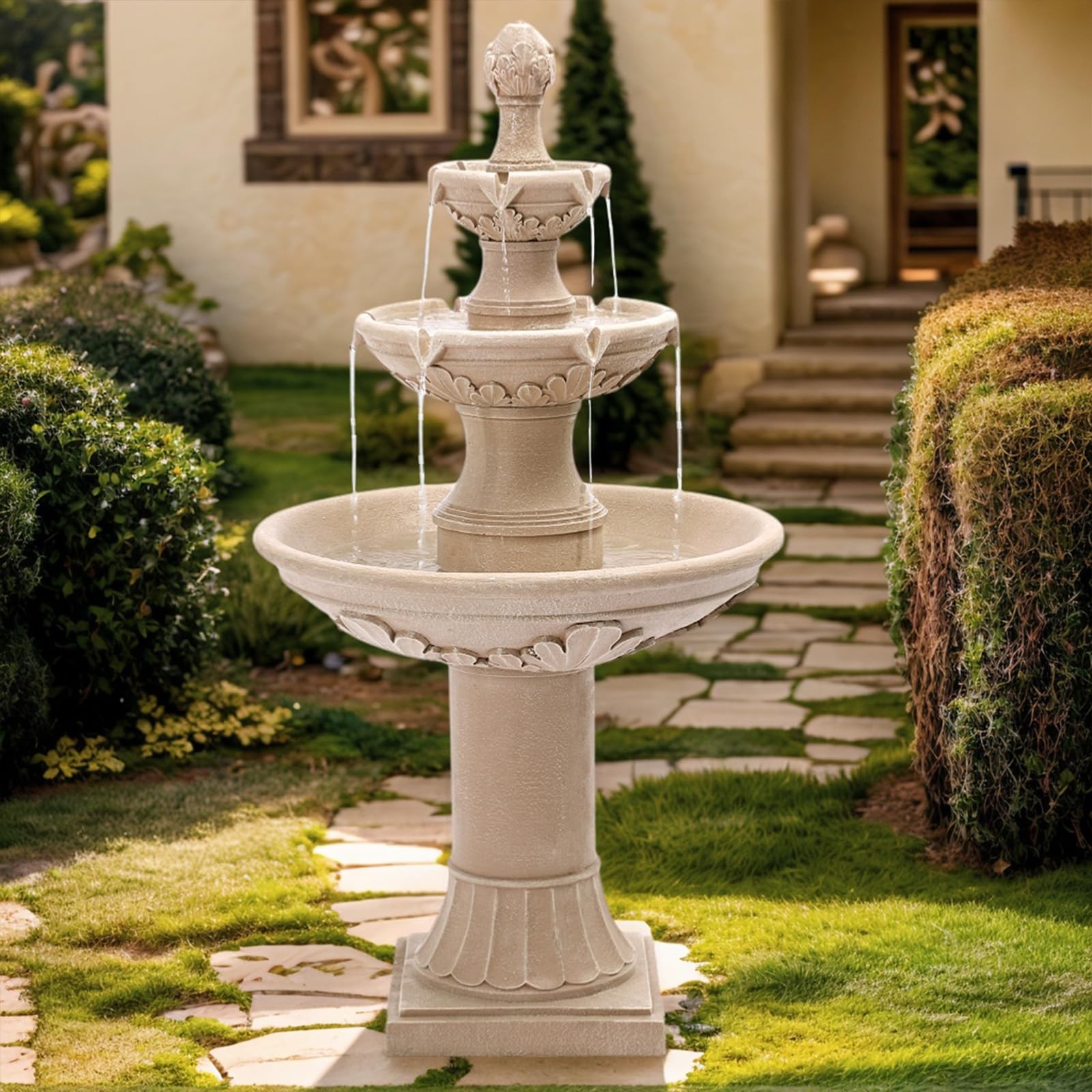 Usserenay 3-Tier Outdoor Water Fountain 48.4 H Floor Backyard Garden Fountain