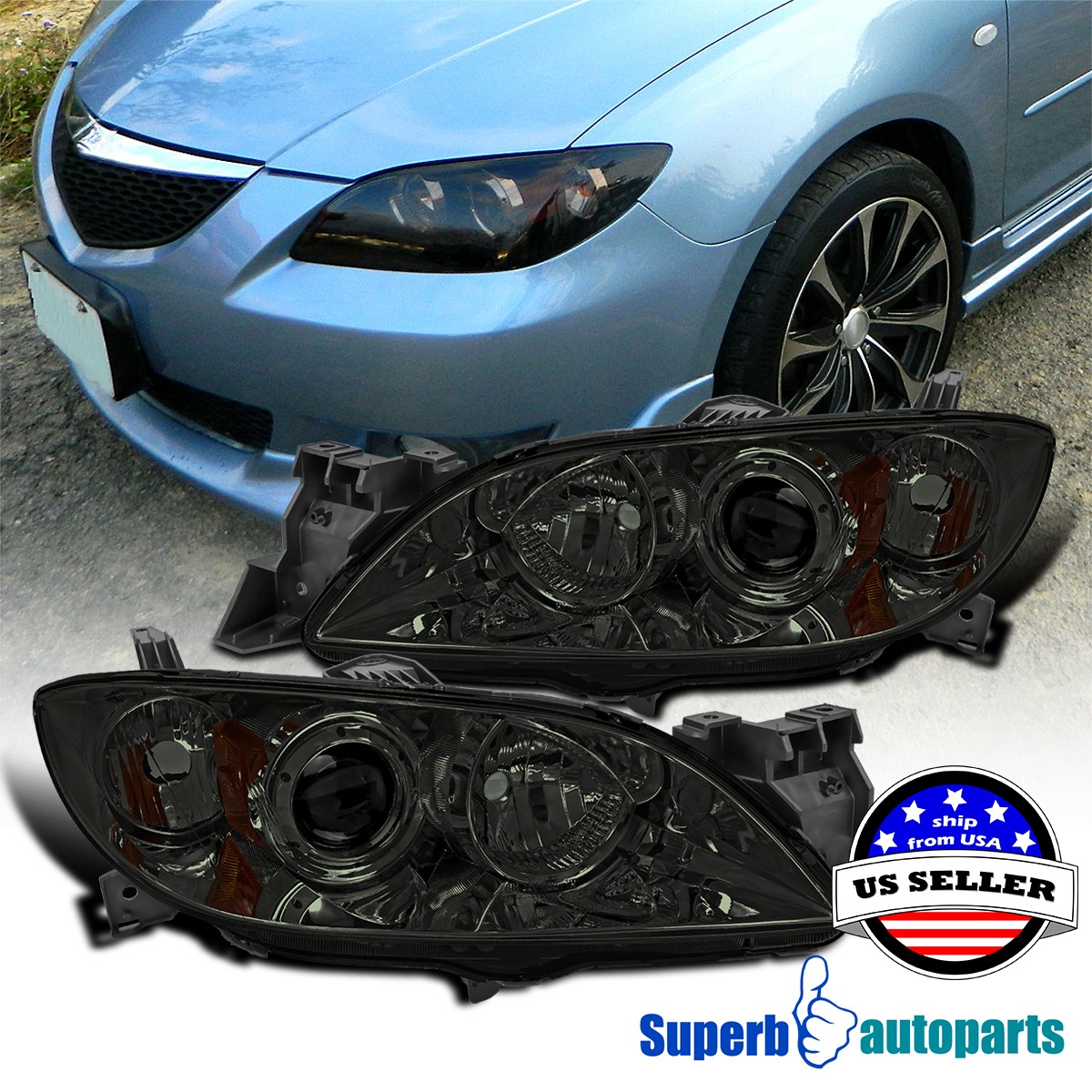 For 2004-2009 Mazda 3 Sedan Smoke Projector Headlights Replacement Left+Right For 2004-2009 Mazda 3 Sedan Smoke Projector Headlights Replacement Left+Right