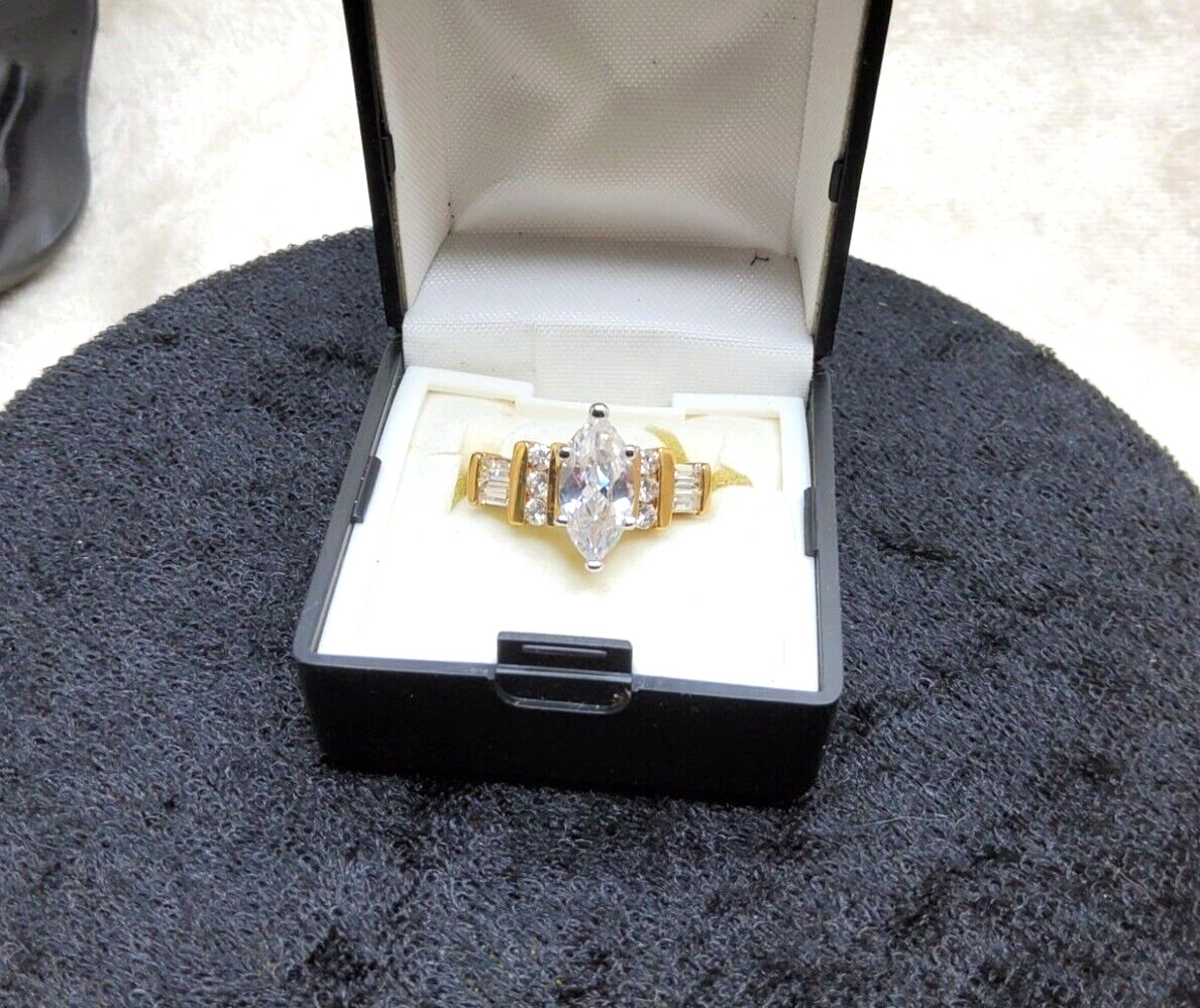 vintage 14kt gold plated two tone marquise and baguette cz ring size 7, NOS