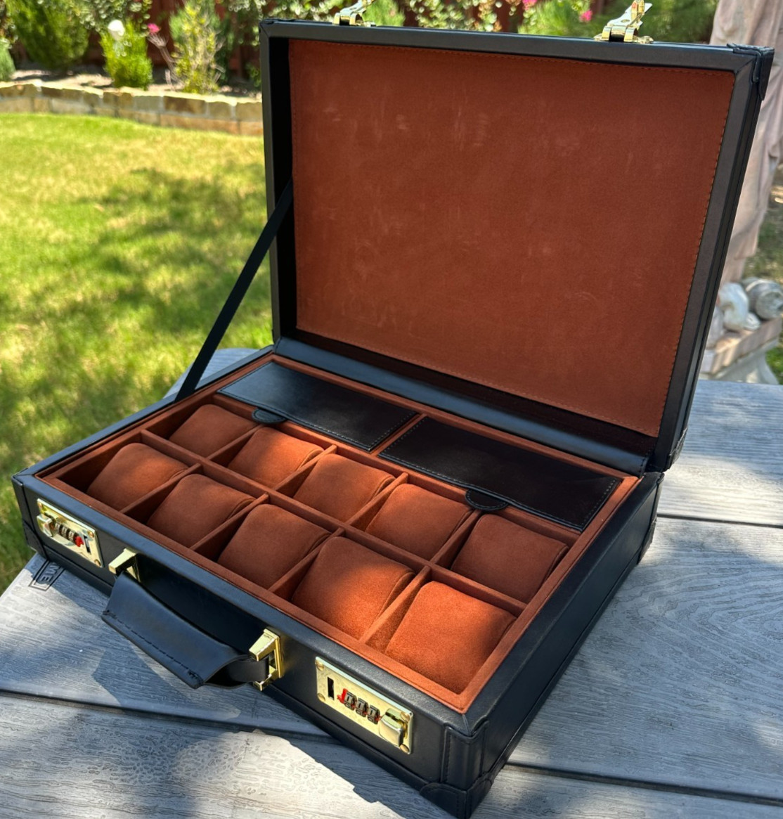 10 Slot Watch Case Display Box Lockable Black PU Leather Storage Organizer Grid