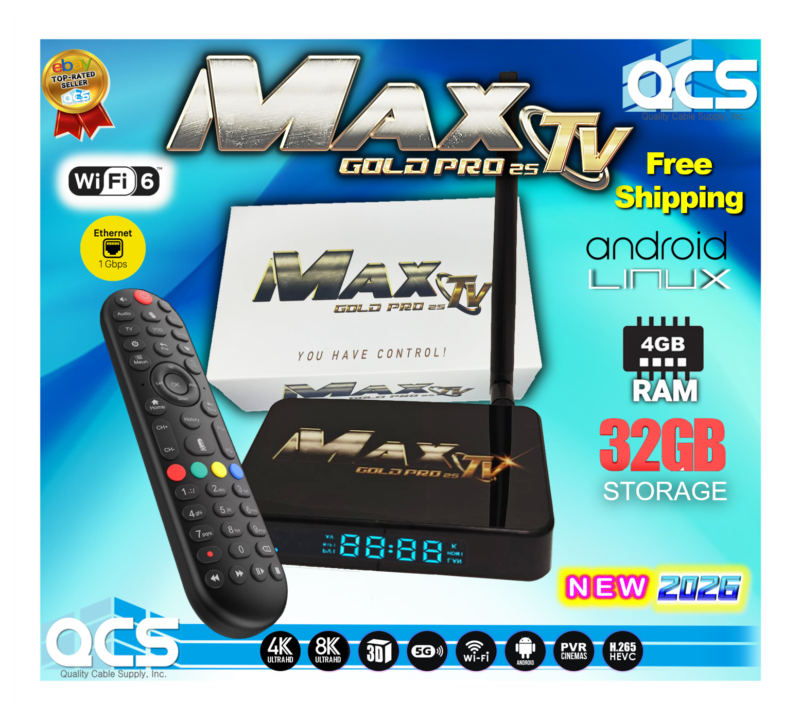 MaxTV Gold PRO 25 Max TV Box 8K Quad Core 64 Bit 2026