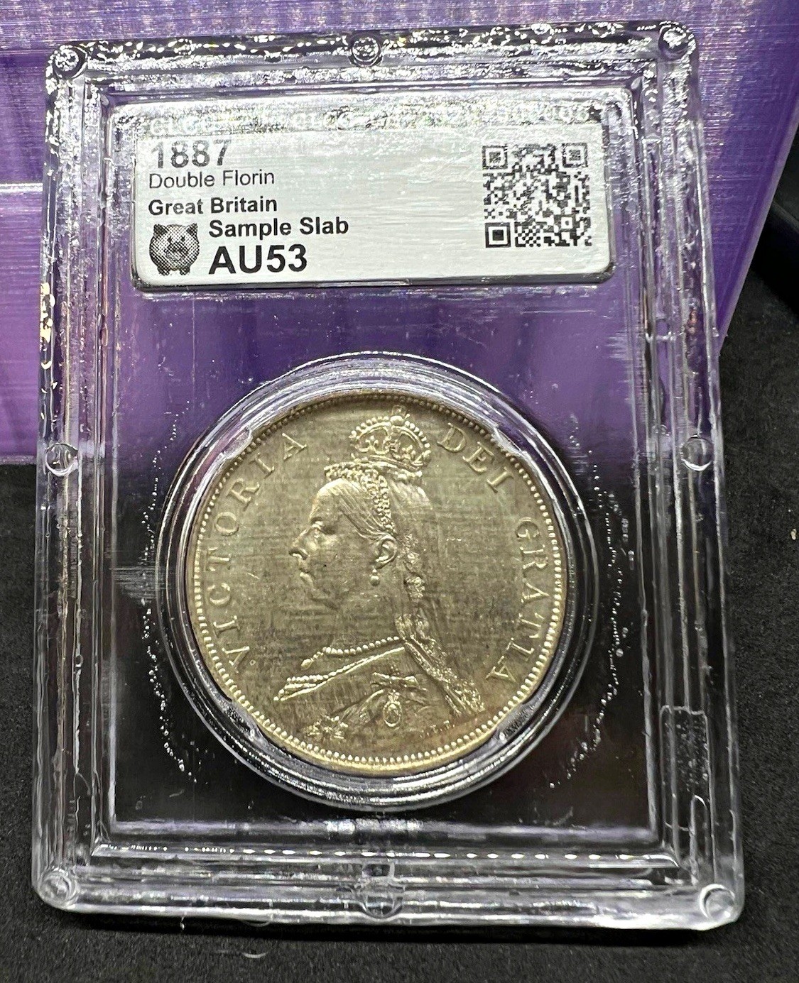 1887 Great Britain Double Florin Victoria Silver Coin CLCC AU Sample Slab