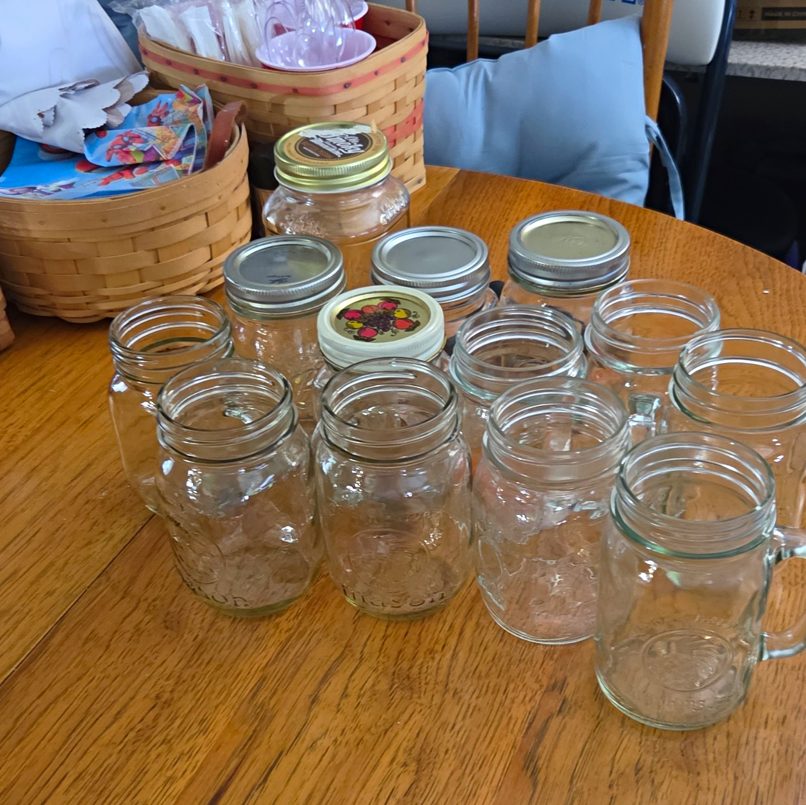 Small Clear Glass Mason Jars w/ Silver Metal Lids, Reusable, Lot of 9