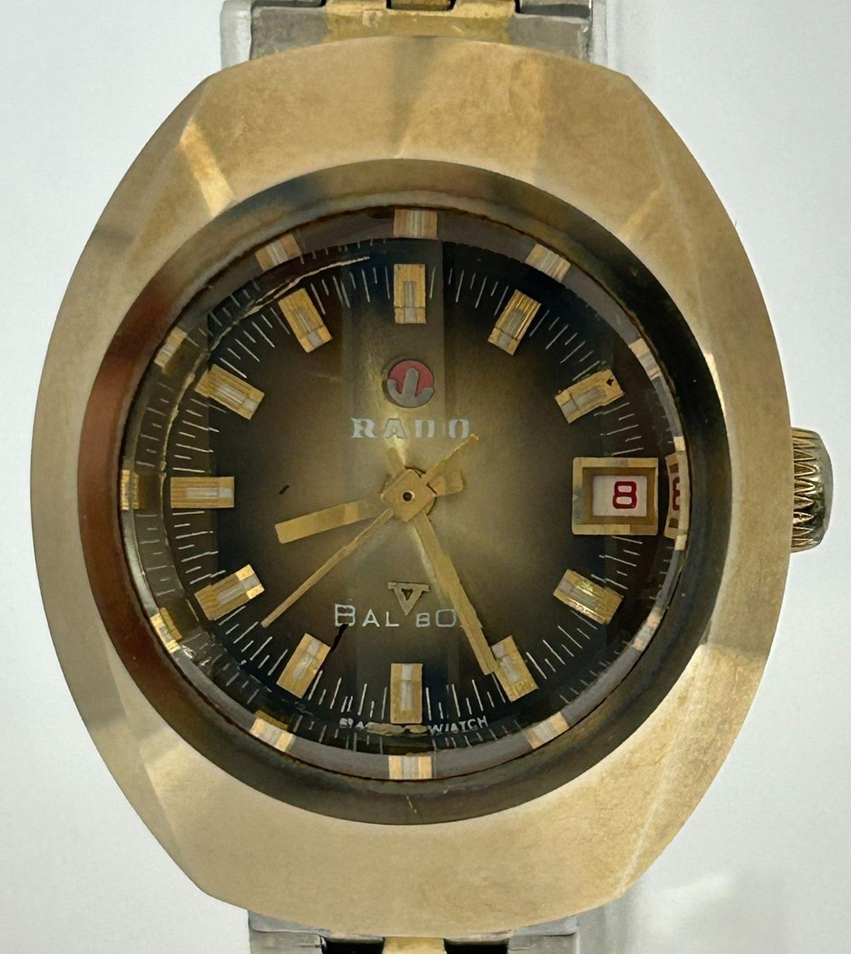 RADO Balboa V Vintage Automatic Watch Date Cut Glass Brown Dial Gold Tone RADO Balboa V Vintage Automatic Watch Date Cut Glass Brown Dial Gold Tone