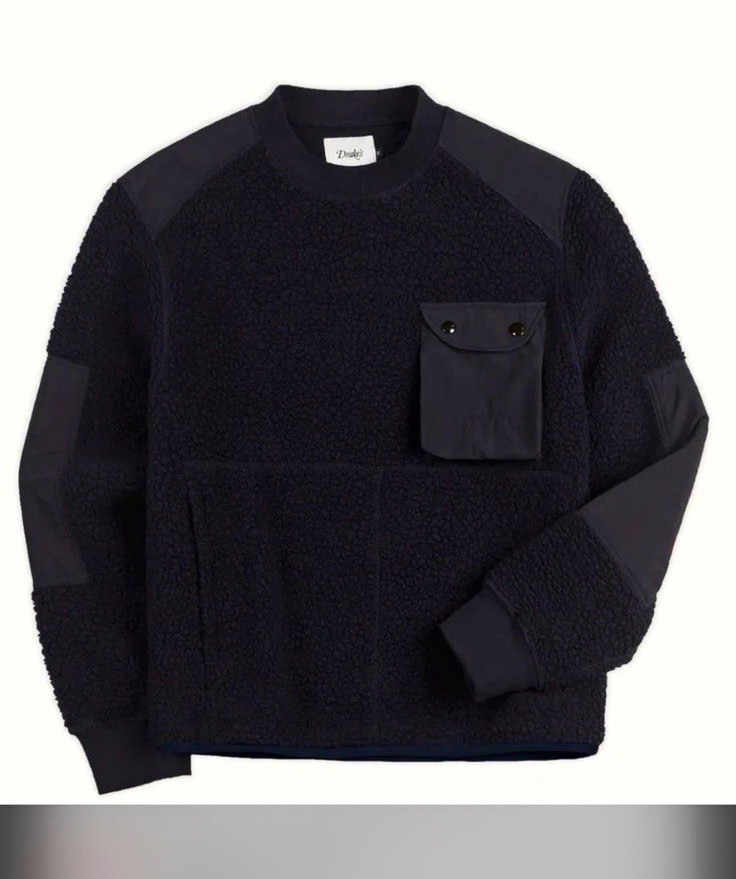 Drake\'s Men’s L Black Crewneck Fleece Pullover Sweater Chest Pocket Wool Blend