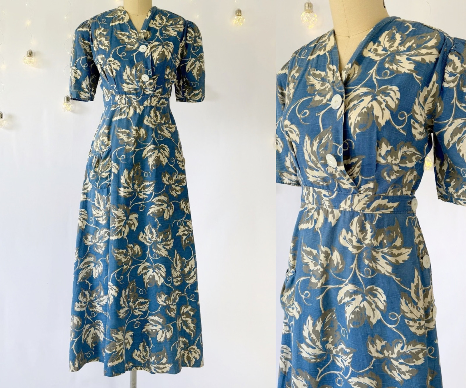 Vtg 1940s Cornflower Blue Wrap Dress or Dressing Gown Ivy Botanical Print, Small