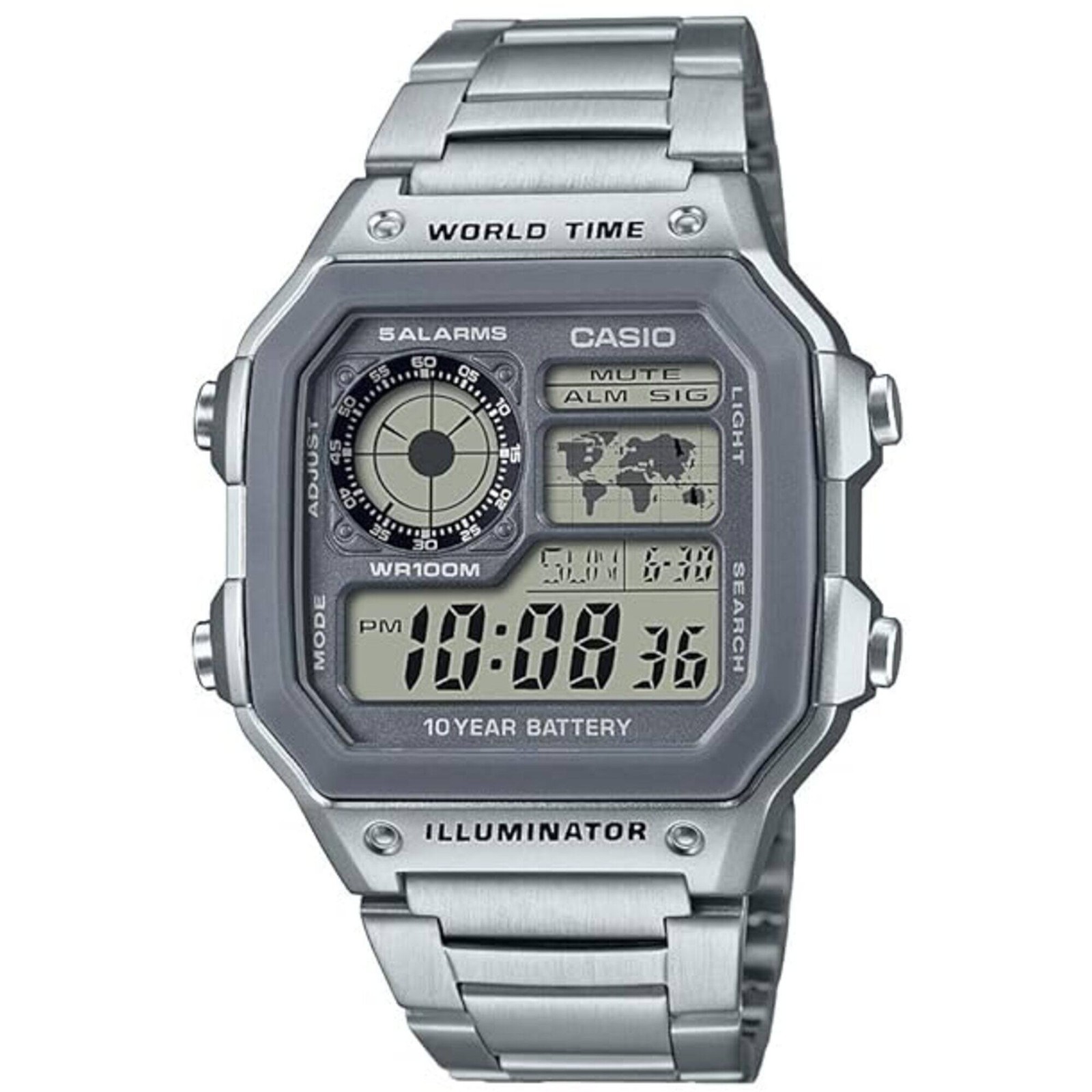 Casio Men's Watch World Time Grey Digital Dial Silver Bracelet AE-1200WHD-7A