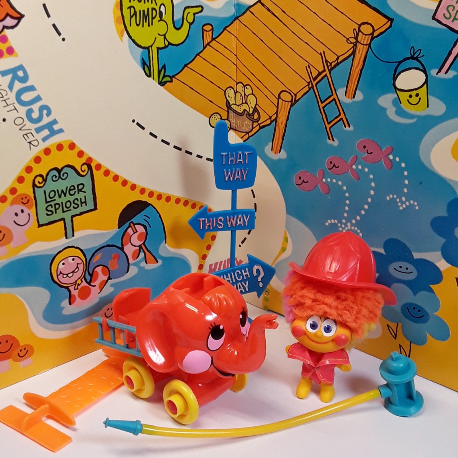 Vintage Mattel Upsy Downsy FLOSSY GLOSSY & ELEWETTER Set w/Playboard & Access.