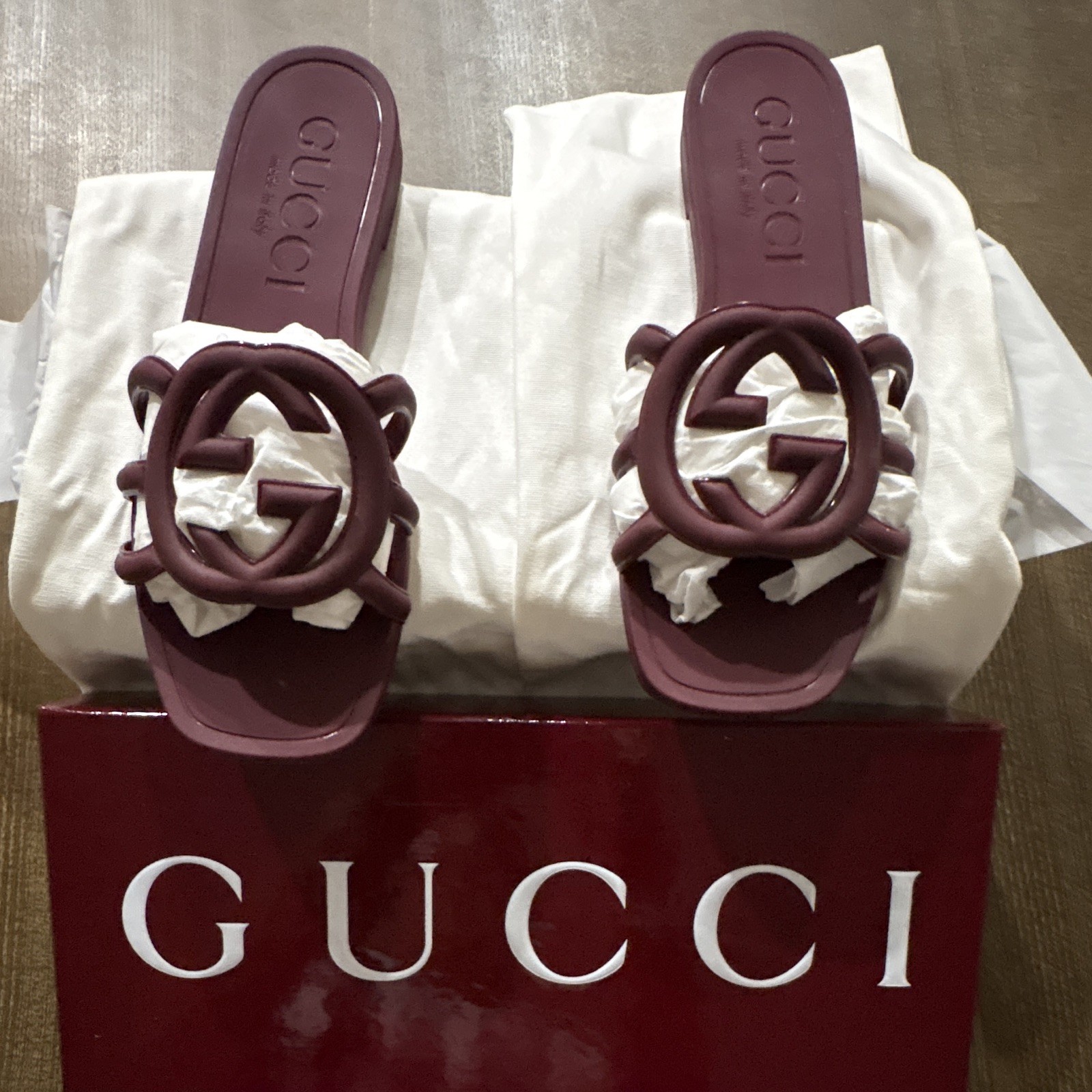 Gucci Purple Interlocking G Logo Rubber Slide Sandals Open Toe US 6