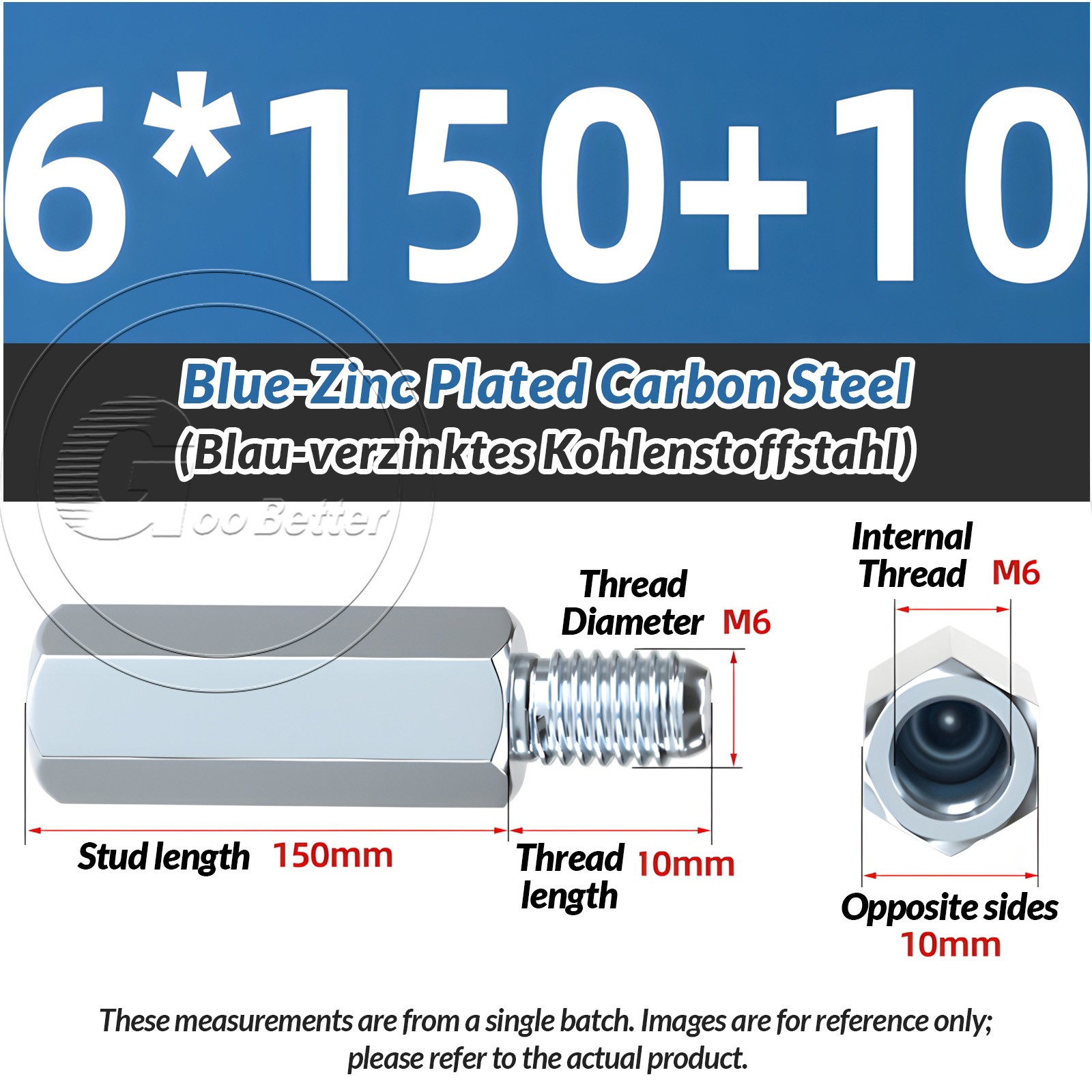 10 Pcs Male-Female Galvanised Hex Standoff Screw Spacer M6 × 150mm+10mm 10 Pcs Male-Female Galvanised Hex Standoff Screw Spacer M6 × 150mm+10mm