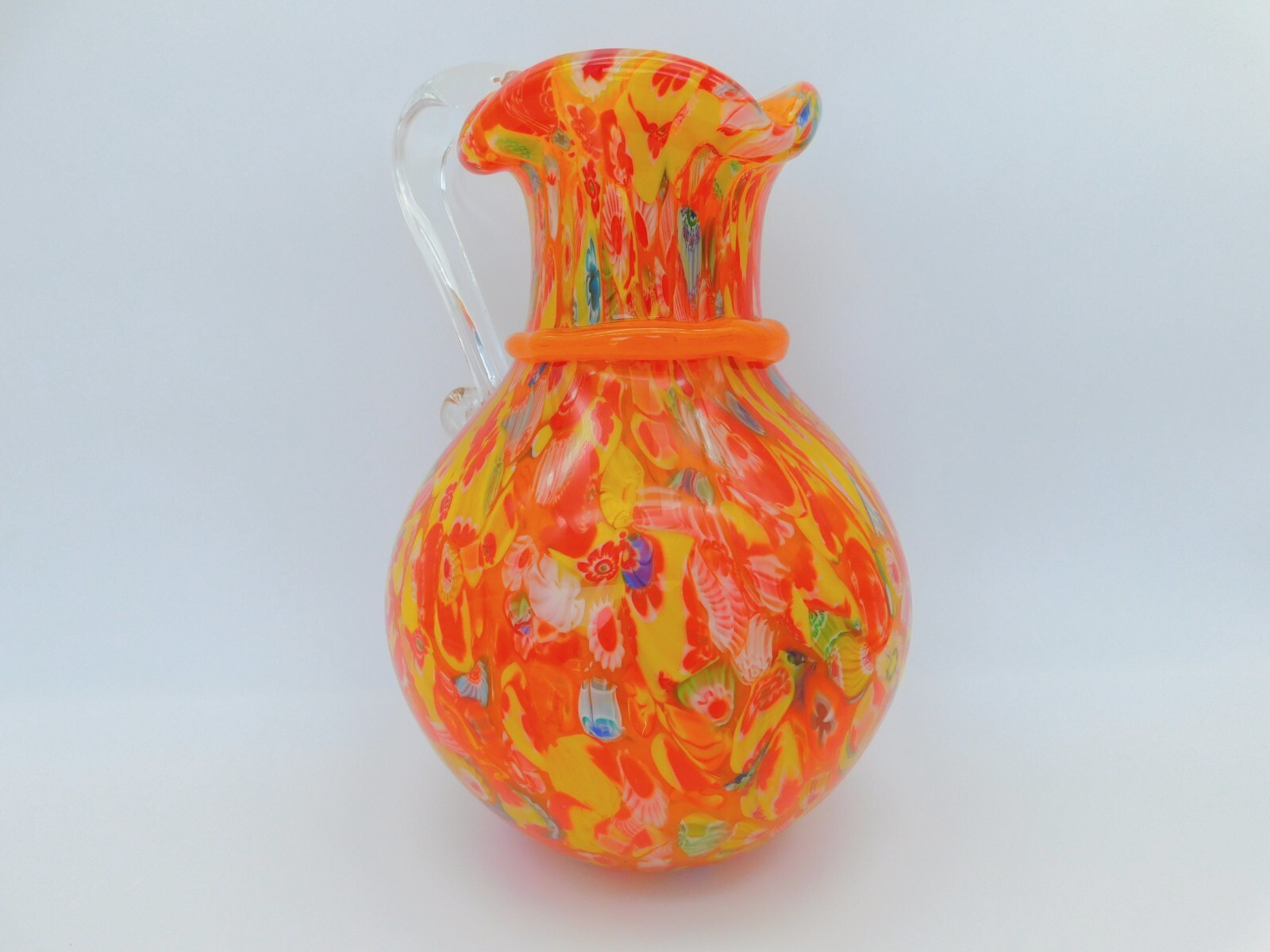 Murano Style Art Glass Orange Pitcher Vase Hand Blown