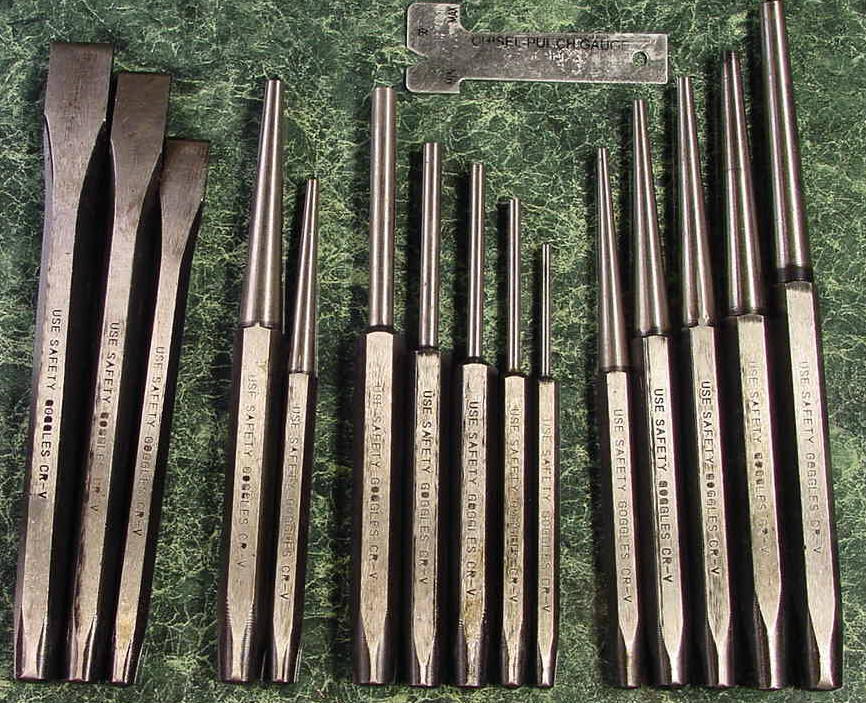 16pc Heavy Duty PUNCH AND CHISEL SET Chrome Vanadium Steel Pin Cold Taper Center