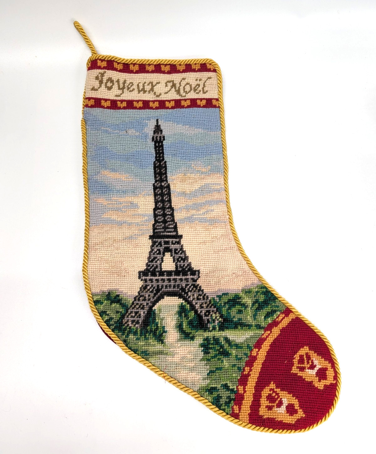 VTG Connie Pentek Needlepoint Christmas Stocking Eiffel Tower Paris Wool 18
