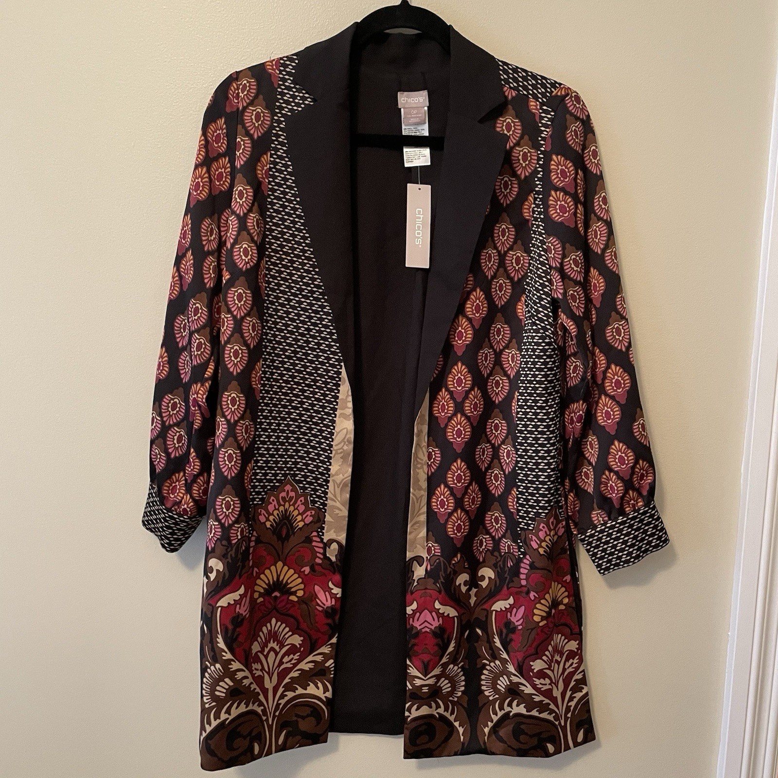 NEW Chico’s Damask Print Open Front Jacket Kimono Duster Size 0 Petite Boho