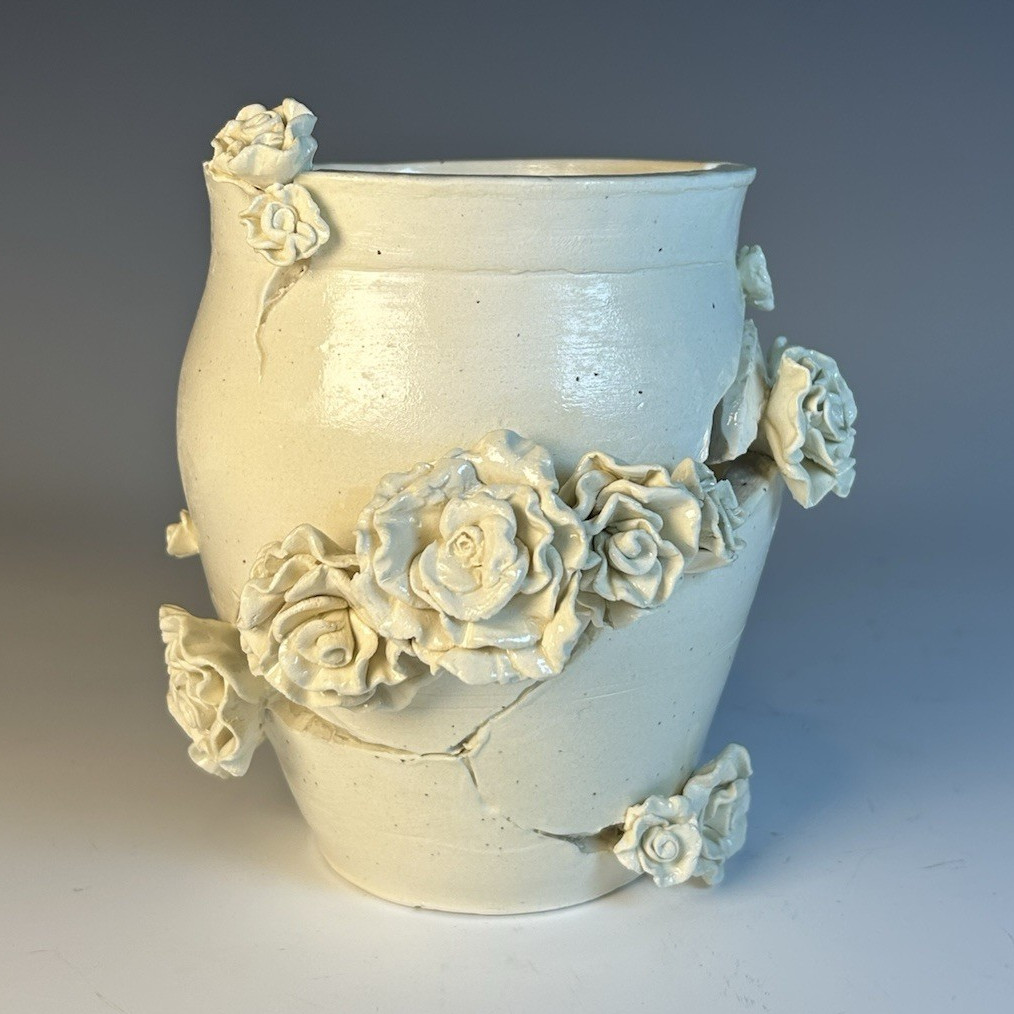 Handmade Ceramic Vase Sculpture With Flowers Symbolic Contemporary Art