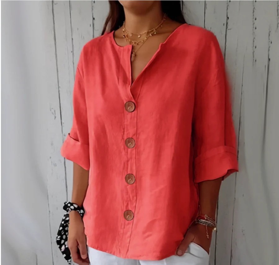 Women’s T Shirt Top V-neck Linen Button-Down T Shirt.classy Look T Shirt