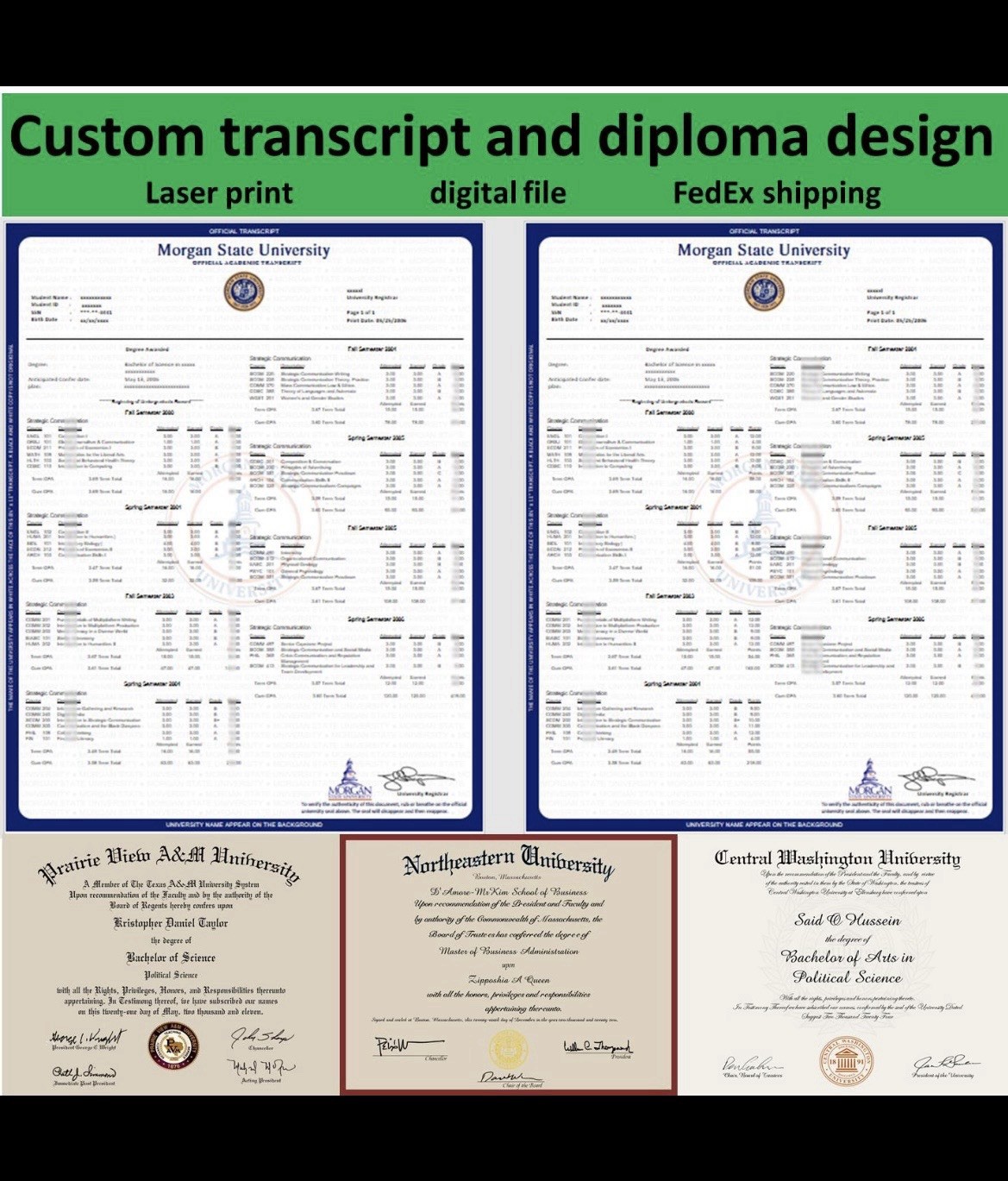 Custom Transcript & Diploma Design Laser Print or Digital File w/ FedEx Shipping Custom Transcript & Diploma Design Laser Print or Digital File w/ FedEx Shipping