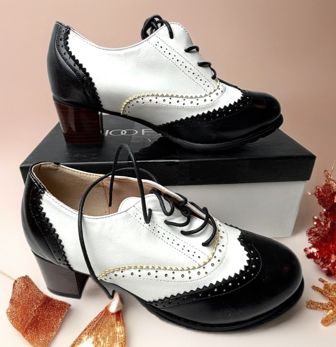 100FIXEO Women Block Heel Wingtip Oxford Shoes  Chunky Heel Saddle Shoes US 7
